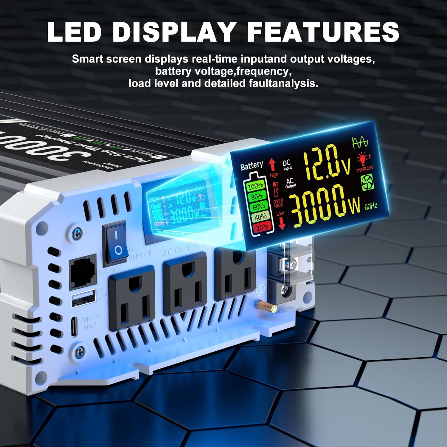Thumbnail 3 de 3000W Pure Sine Wave Inverter: 12V DC to 110V AC with Dual LCD Remote, USB-C, and 3 Outlets for RV/Off-Grid
