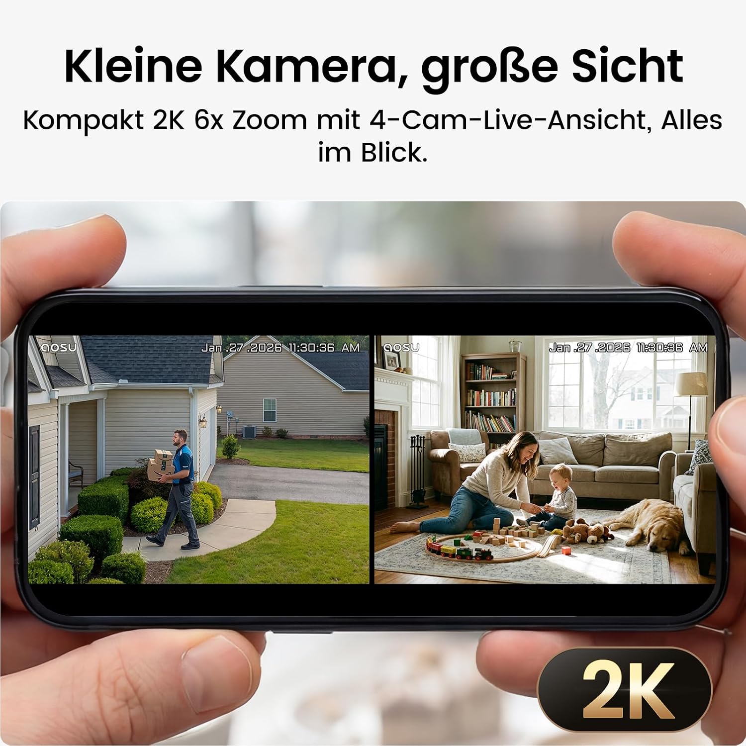 Detalle de aosu 2K Überwachungskamera Außen Akku 2er-Kit mit Aosubase 2.0 – kabellos, 32 GB lokal Speicher, PIR Bewegungserkennung