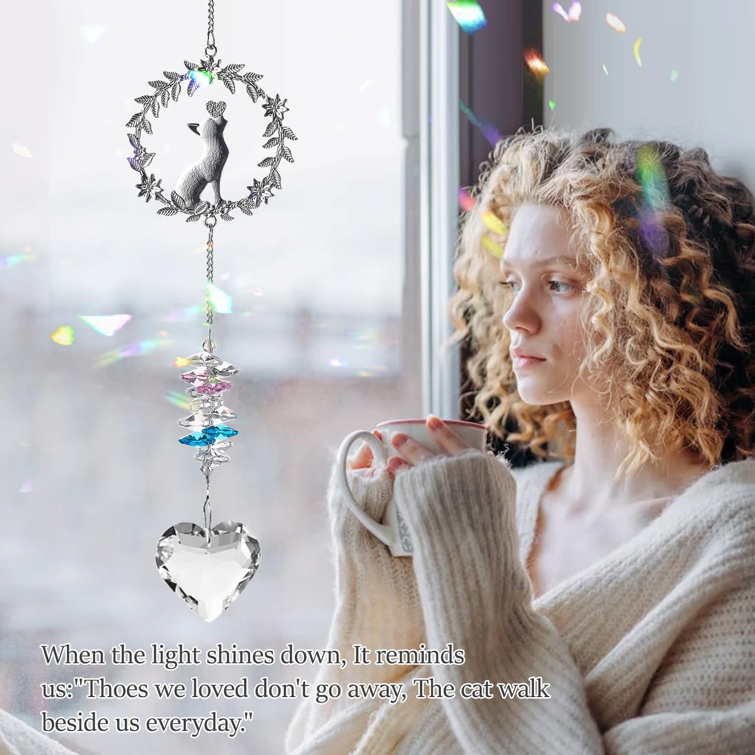 Detalle 1 de HEGELDA Cat Memorial Crystal Suncatcher, White Heart Hanging Keepsake