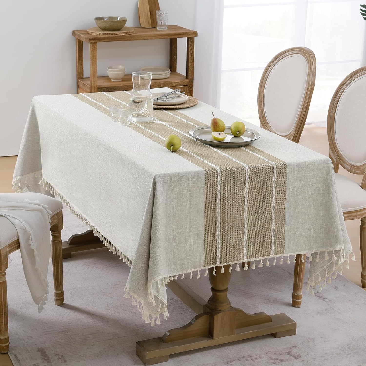 Thumbnail 6 de Softalker Outdoor Tablecloth Rectangle (Waterproof Linen Cotton) with Tassels, 55 x 70 Inch — Coffee Lines