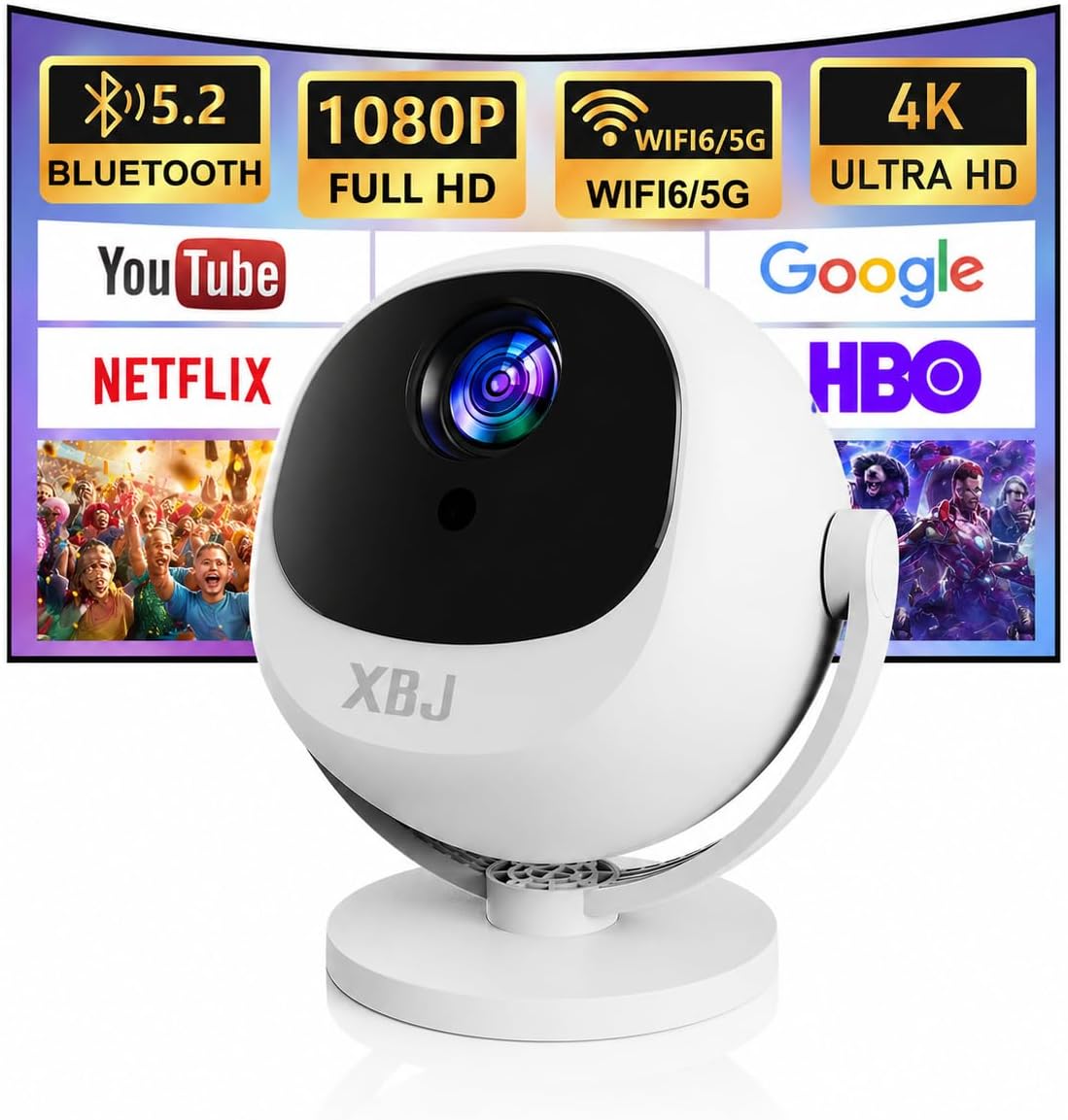 XBJ Mini Projector with WiFi 6 & Bluetooth 6.0 — 1080P Full HD, 4K Input, Auto Keystone, 360° Rotatable