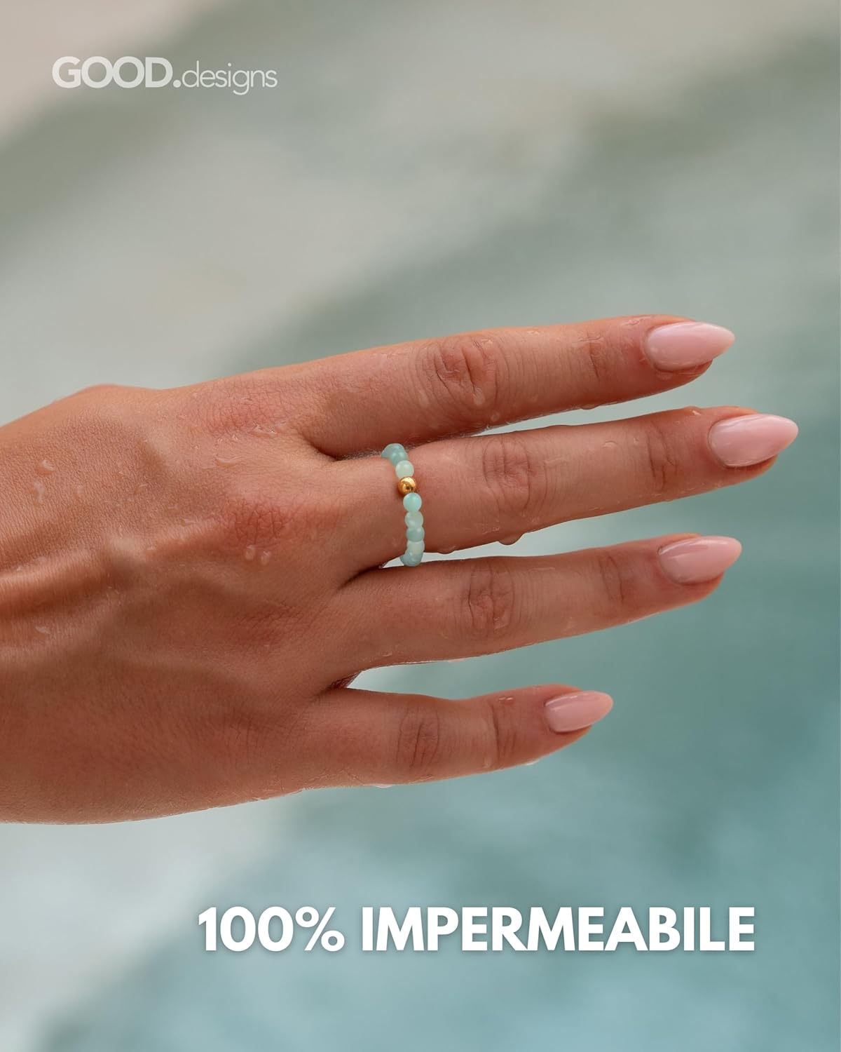 Detalle de GD GOOD.designs anello antistress con pietre naturali e perlina placcata oro 18K, misura 54-60