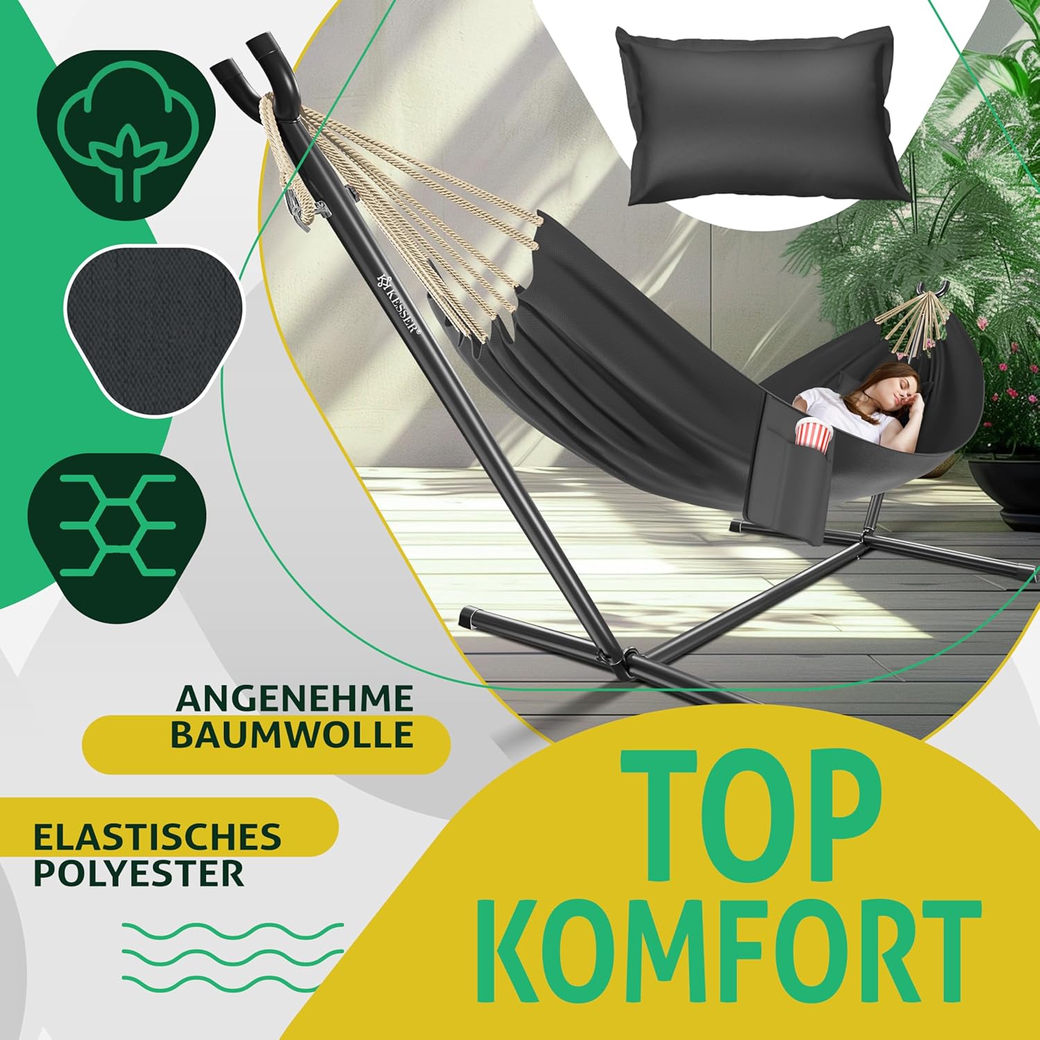 Thumbnail 2 de KESSER Hängematte Lake mit Gestell (Doppel) – XXL Hängesessel für 2 Personen, bis 200 kg, Anthrazit
