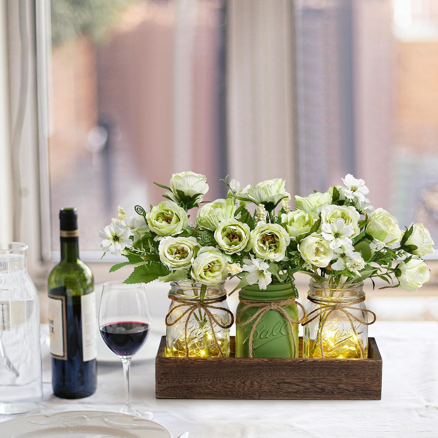 Detalle de DUOER MSG-L Rustic Farmhouse Centerpiece with Wood Tray, Mason Jars & LED Light