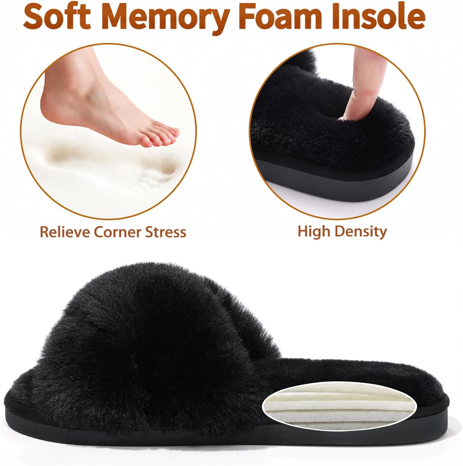 Detalle de Evshine Women’s Fuzzy Slippers with Cross Band & Memory Foam (Open Toe)
