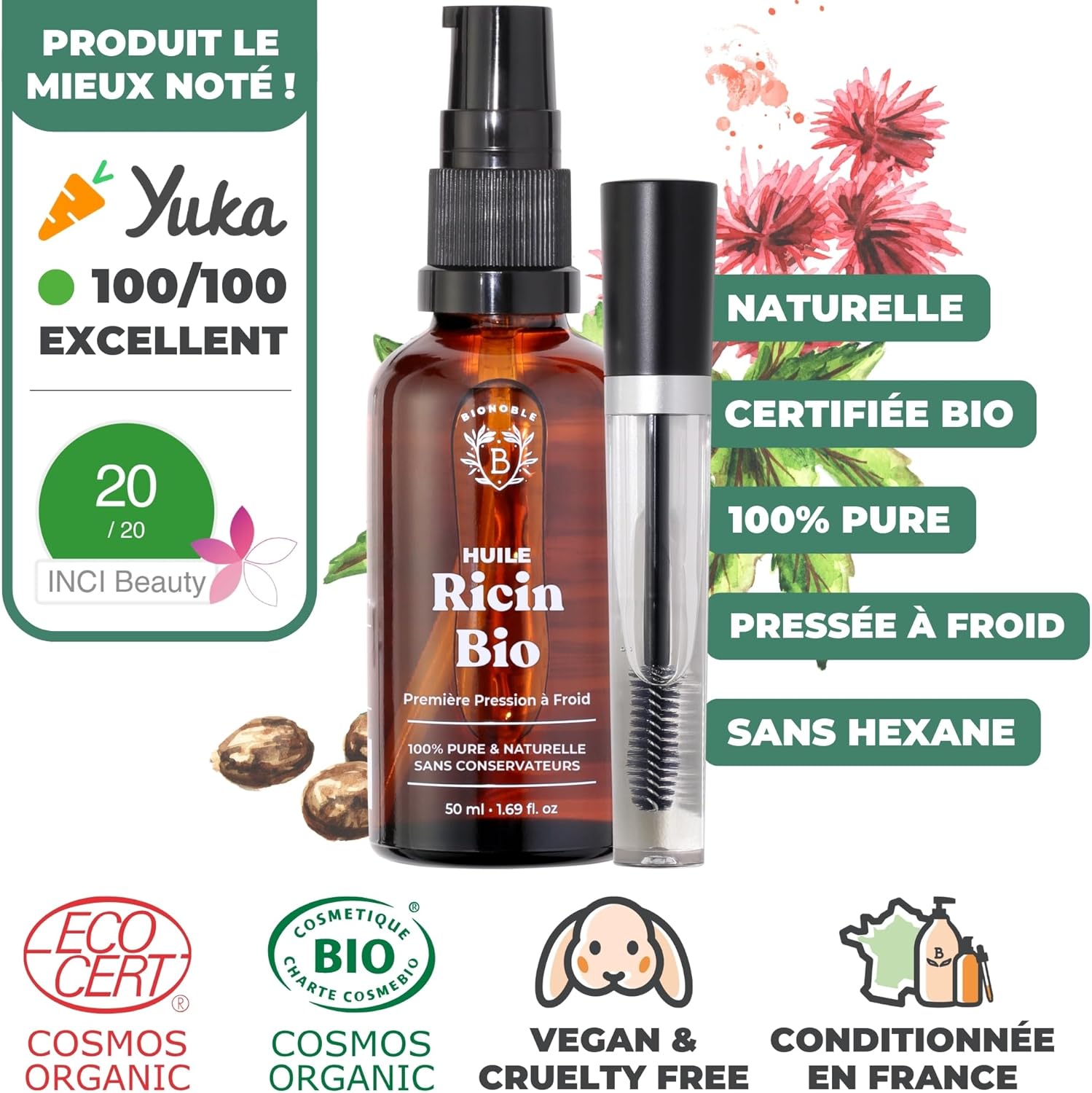Thumbnail 1 de BIONOBLE Huile de Ricin Bio Pressée à Froid + Kit Mascara – 50 ml