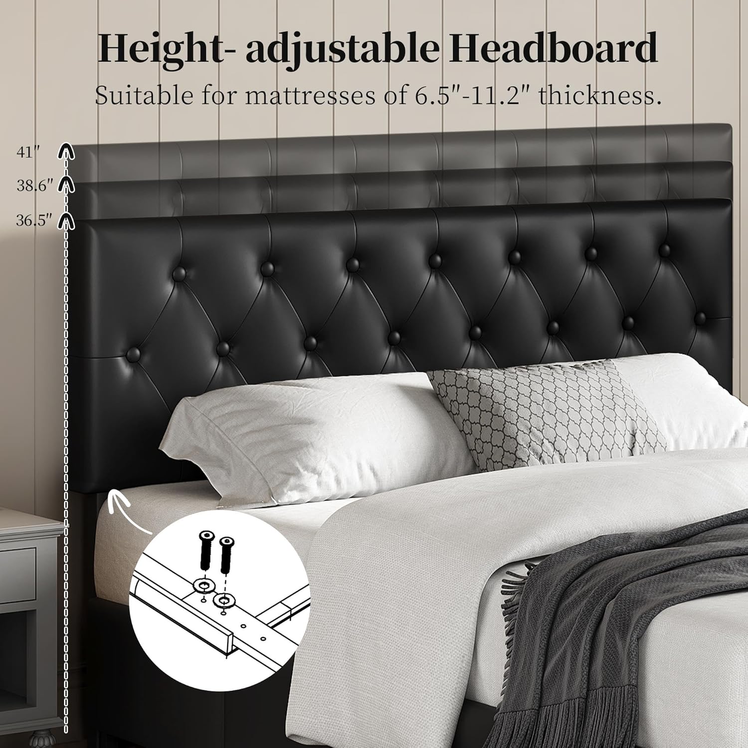 Detalle de Yaheetech Queen Bed Frame with 3 Drawers and Adjustable Headboard, Black