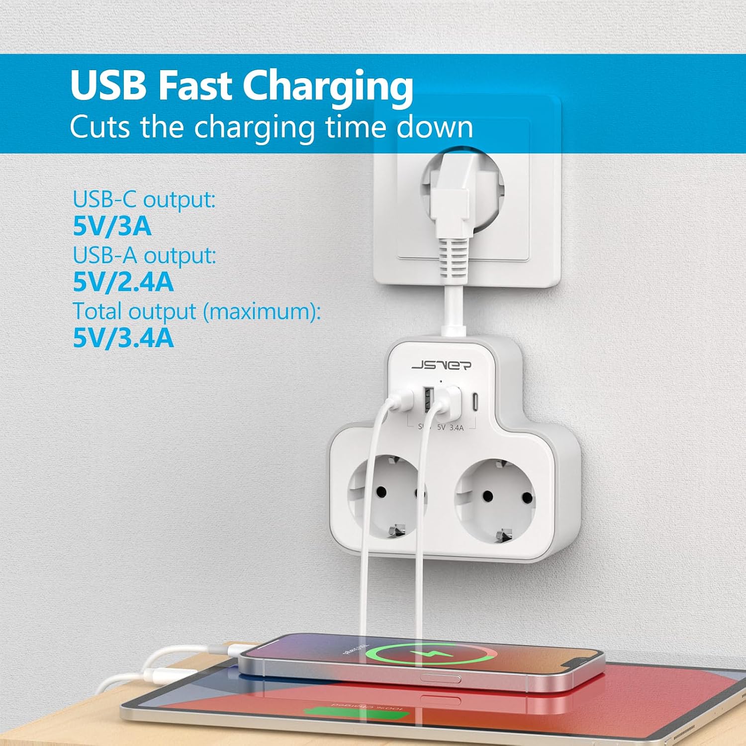 Detalle 2 de Multipresa JSVER 6 in 1 con USB C 3680 W