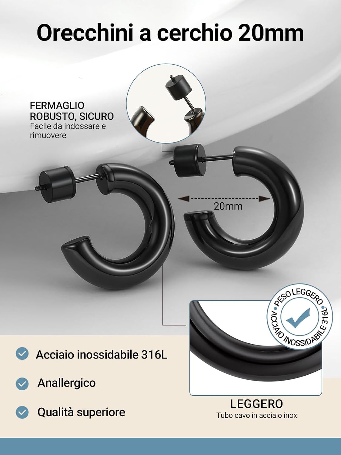 Thumbnail 4 de PROSTEEL Orecchini a cerchio colonne circolare vuoto in acciaio inox 316L (20/30/40/60/80 mm)