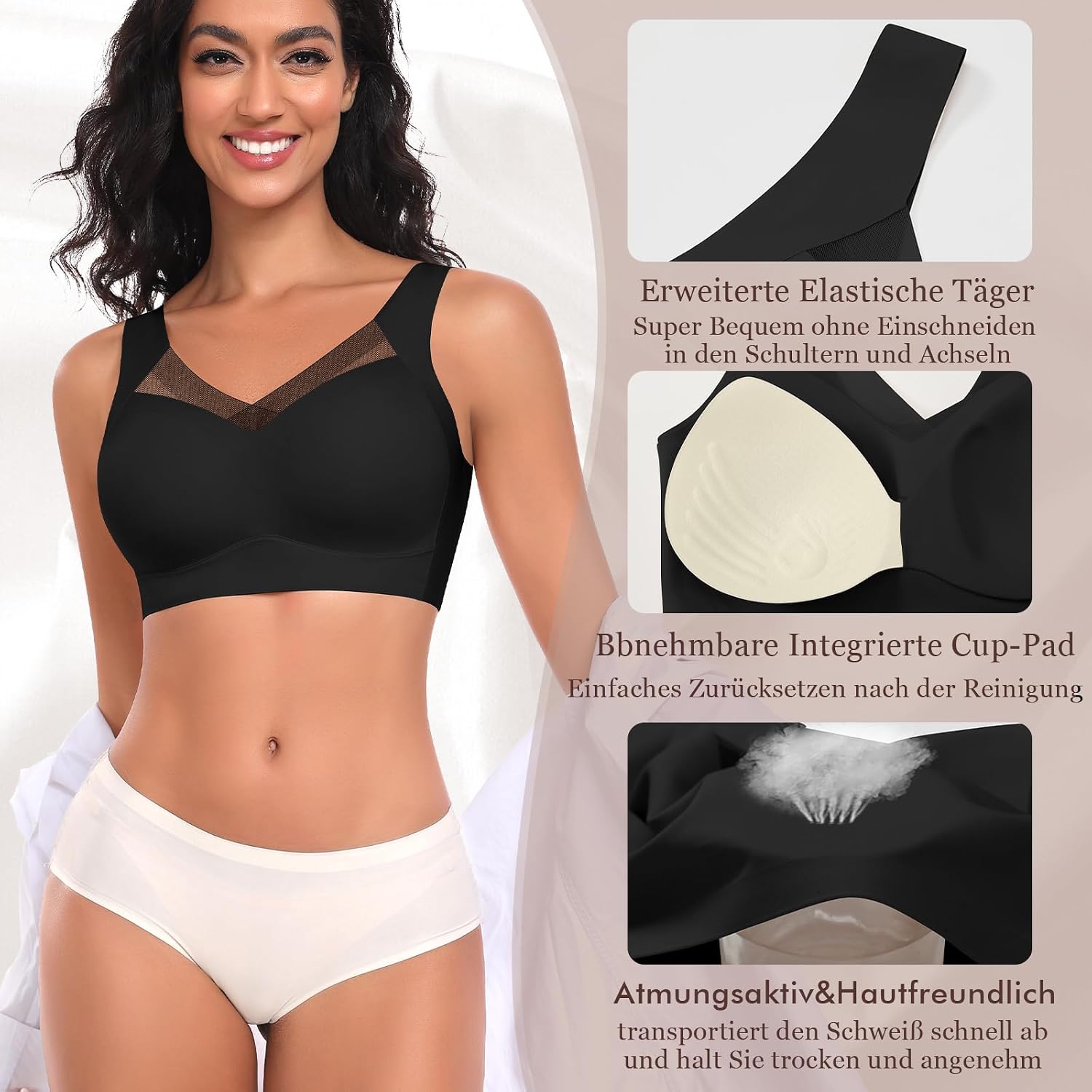 Detalle de Nahtloser Damen BH ohne Bügel (55% Nylon, 45% Spandex) – Komfort Soft Bustier & T-Shirt Bralette mit gepolsterten, abnehmbaren Cups