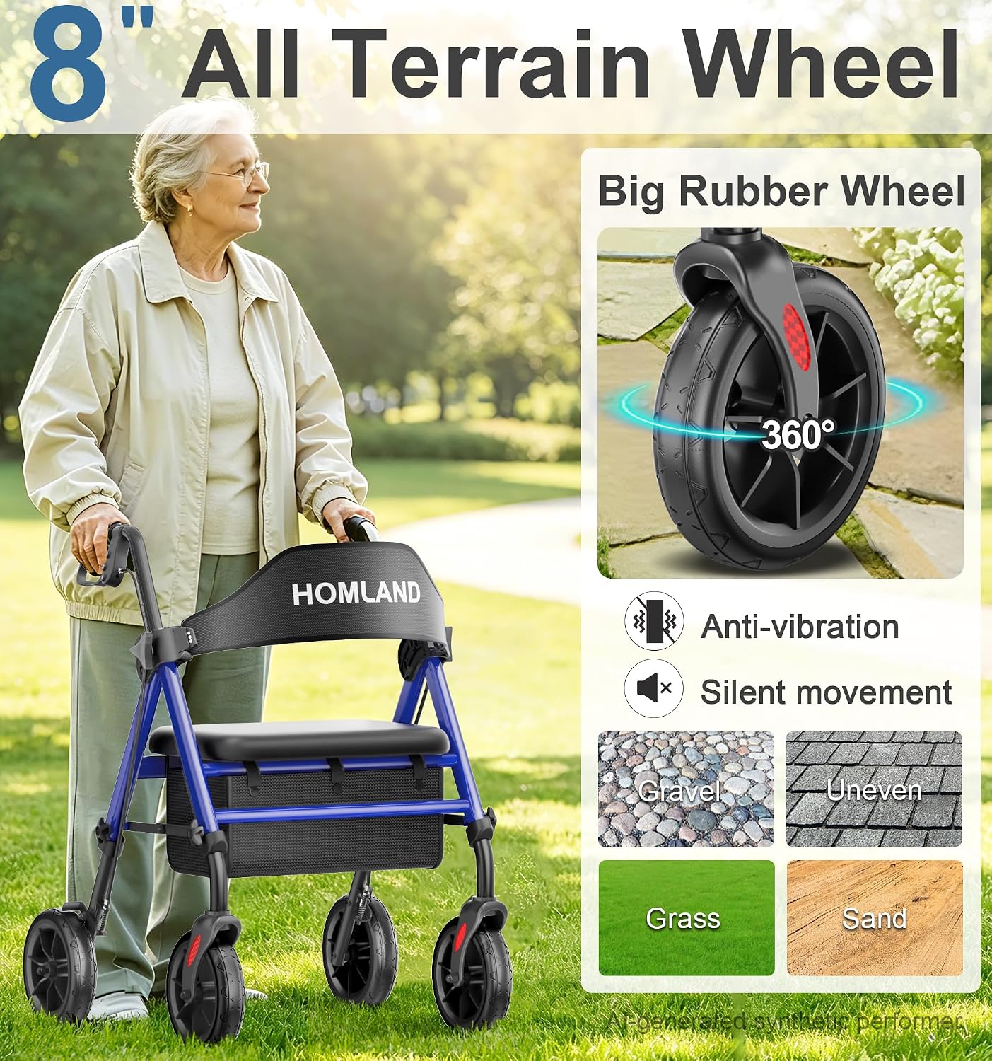 Thumbnail 2 de HOMLAND Walkers for Seniors with Seat – Foldable rollator with 8" all-terrain wheels, height adjustment and cup holder