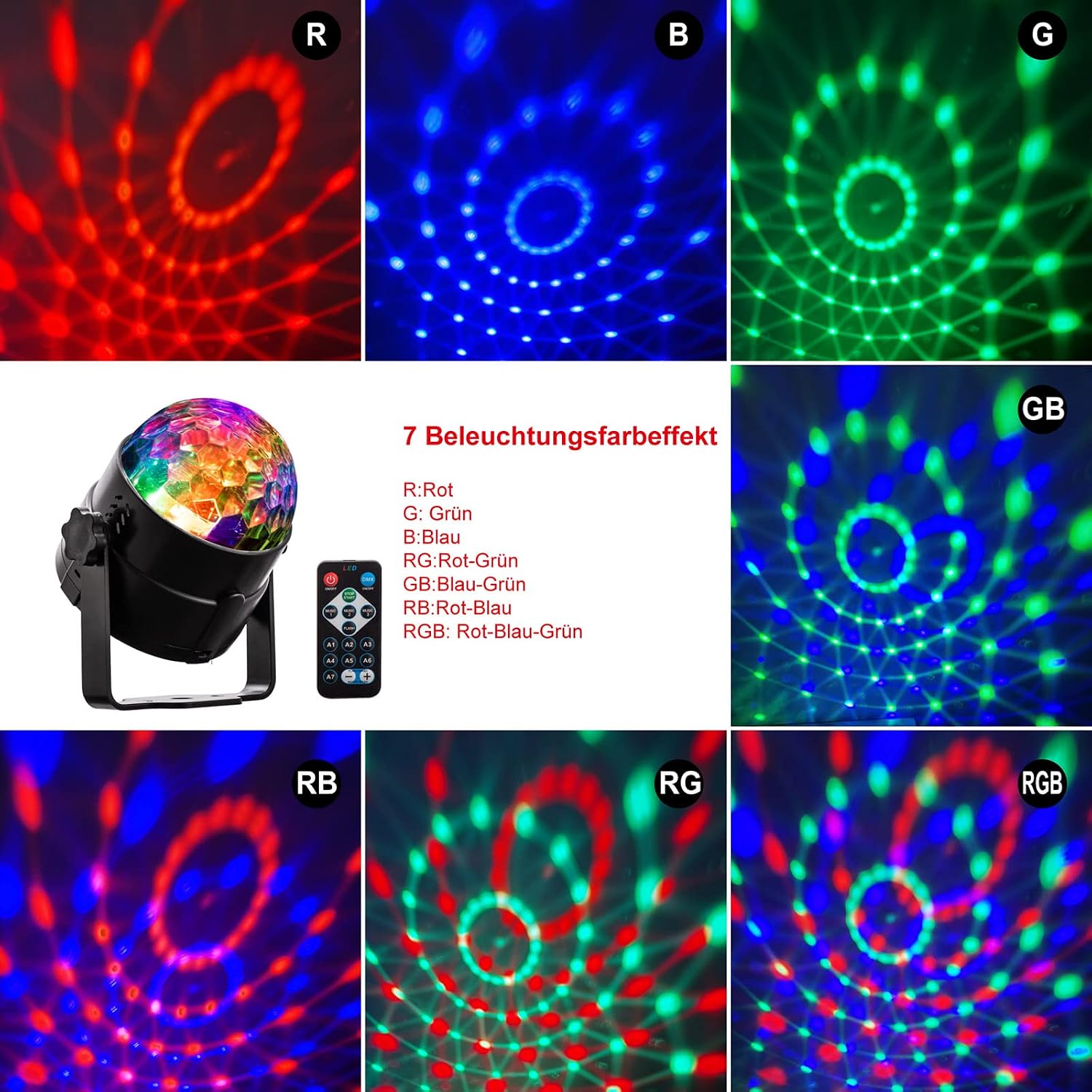 Detalle de Discokugel LED Discolicht DJ Partylicht 3W RGB – 360° Drehbar mit Fernbedienung