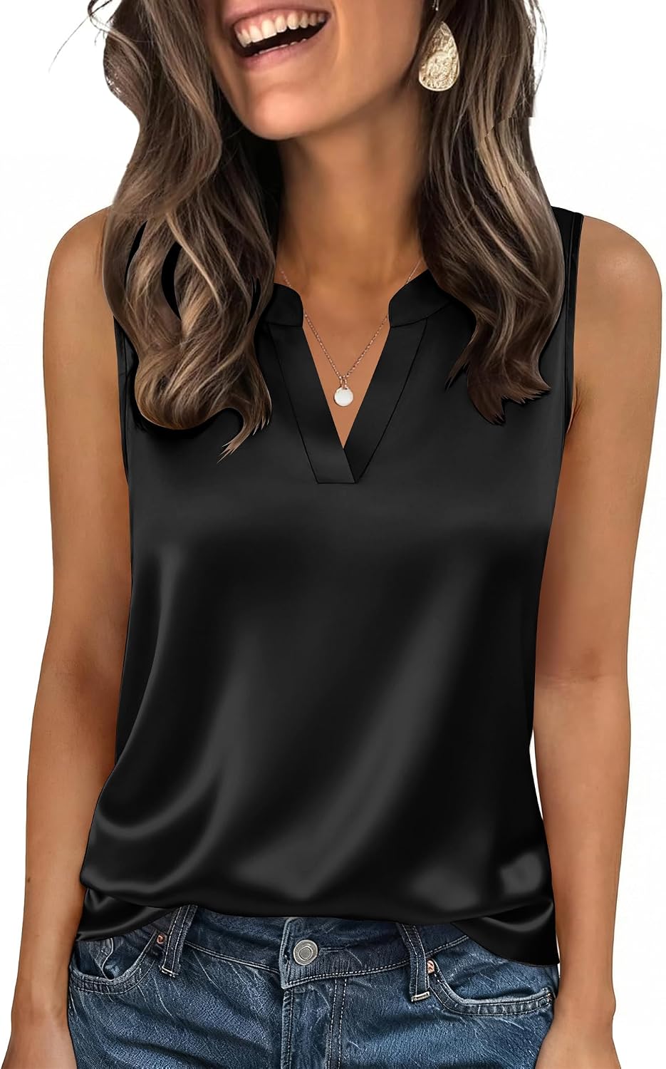 Detalle de Zeagoo Canotta da donna in raso senza maniche con scollo a V (S–XXL) – top estivo elegante e basic