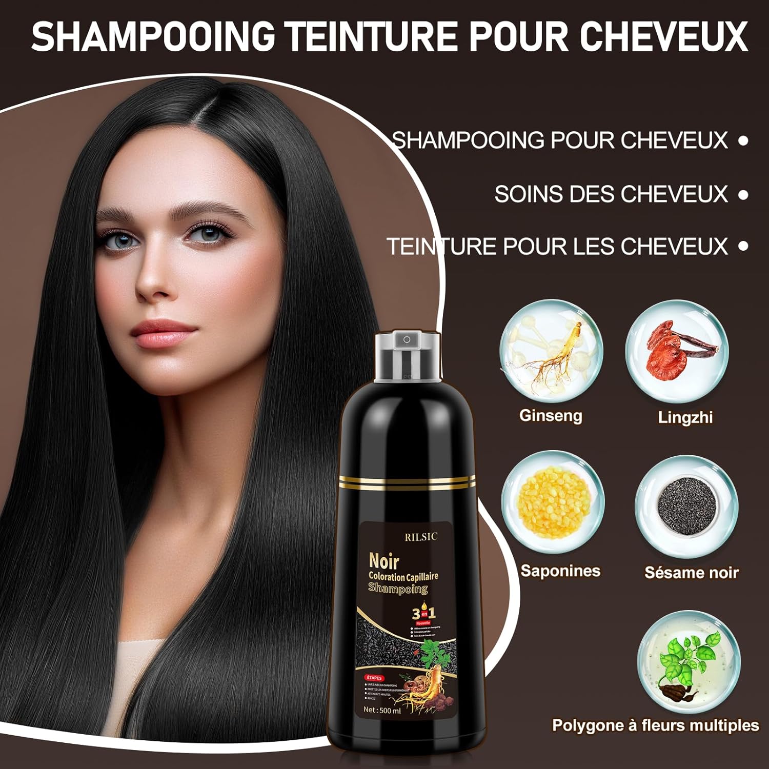 Thumbnail 2 de Shampoing Colorant Noir 3 en 1 (500 ml) pour cheveux blancs – teinture instantanée maison