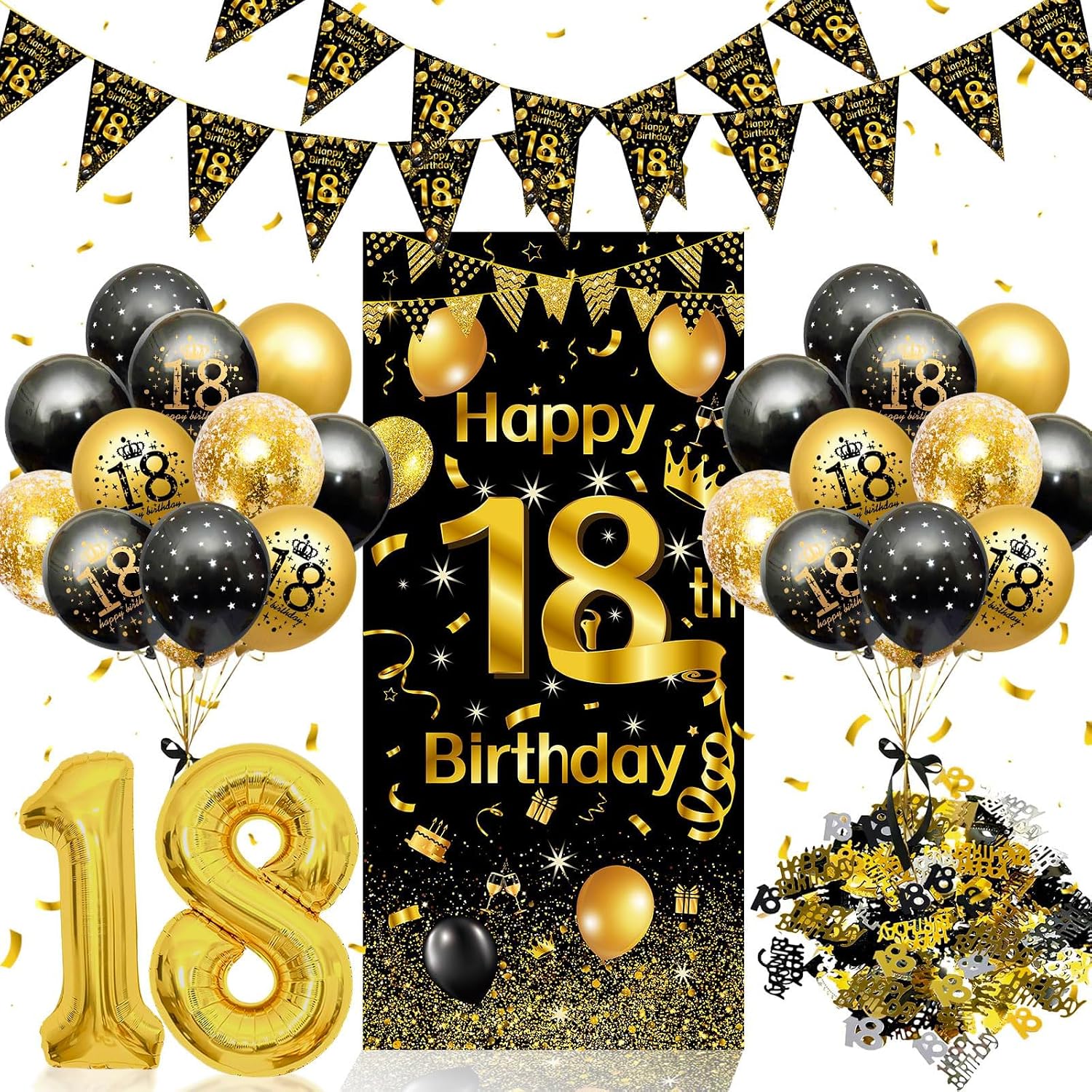 Imagen de 18th Birthday Decorations for Boys & Girls – Black & Gold Balloons with 18 Banner, Garland, Confetti, and 18 Balloons en OfertitasTOP