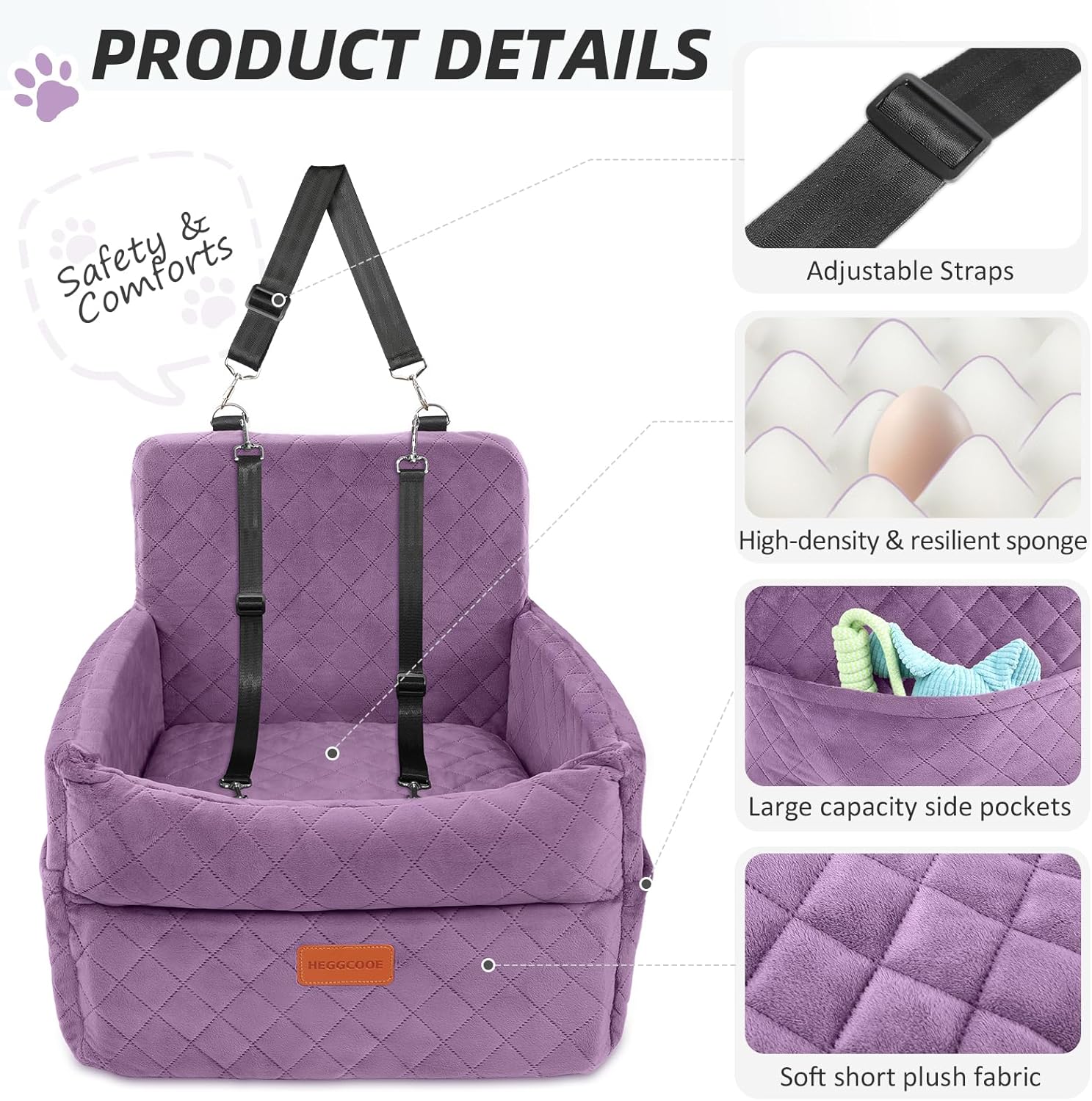 Detalle 2 de HEGGCOOE Small Dog Car Seat: Memory Foam Booster for Safe, Comfortable Car Rides