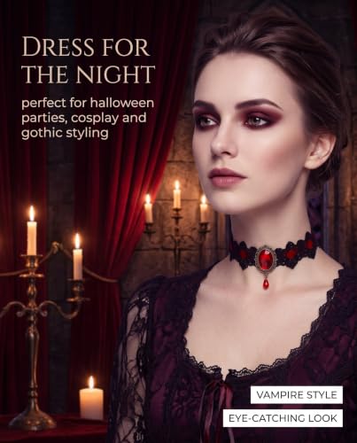 Detalle 2 de KACZUS Collane choker in pizzo nero e rosso, set da 2 con pendente