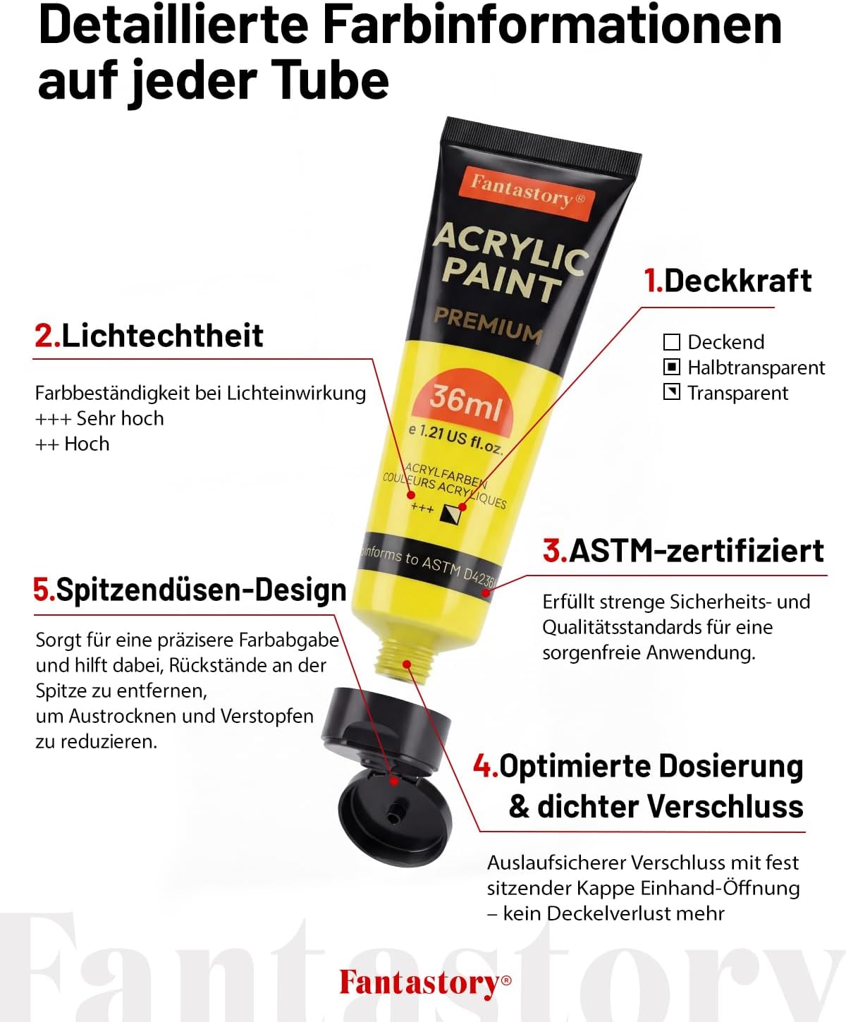 Thumbnail 2 de Fantastory Acrylfarben Set (36 x 36 ml) mit 10 Pinseln – hochpigmentiert, wasserfest & lichtecht