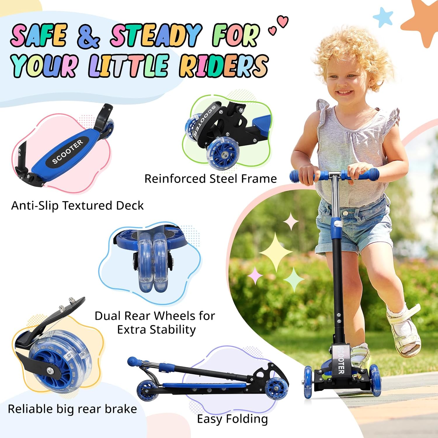 Detalle 2 de Kids 3-Wheel Kick Scooter (Ages 3–7) with Light-Up Wheels, Lean-to-Steer, Adjustable Handlebar