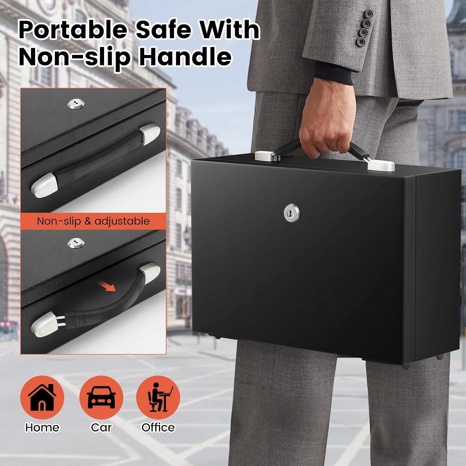 Detalle 2 de Mejasg tragbarer feuerfester Safe Tresor mit Schlüssel, wasserdicht, 18 l (für Dokumente, Bargeld & Schmuck)
