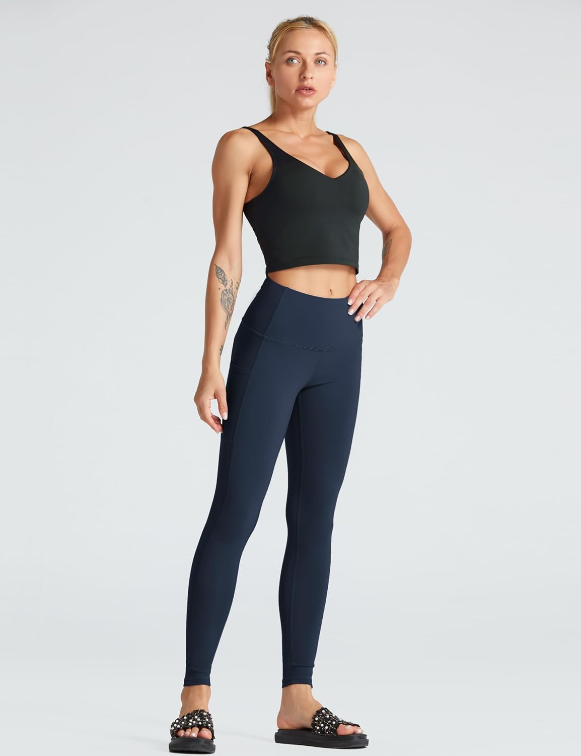 Detalle de THE GYM PEOPLE Pantalon de yoga taille haute pour femme : legging d’entraînement doux avec poches