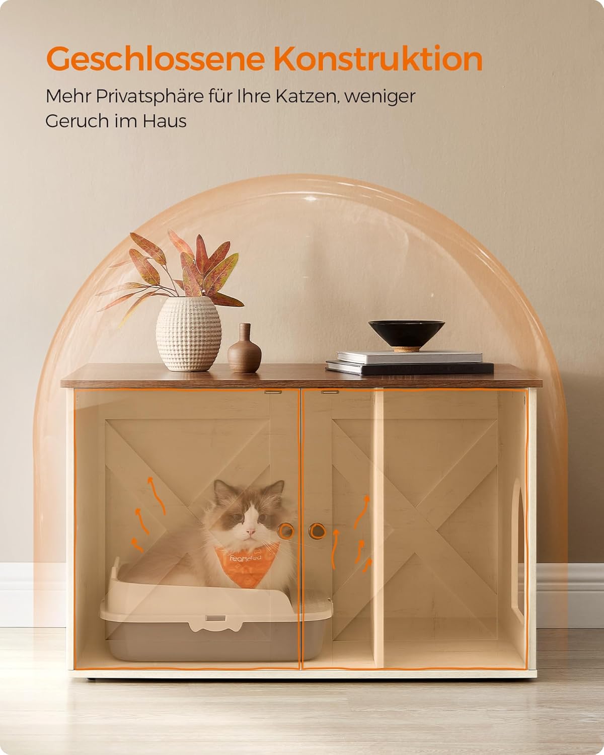 Detalle de Feandrea Katzenhaus Katzenklo-Schrank mit herausnehmbarer Trennwand, 80 x 53 x 50 cm – honigbraun-vintageweiß (PCL002P01V1)