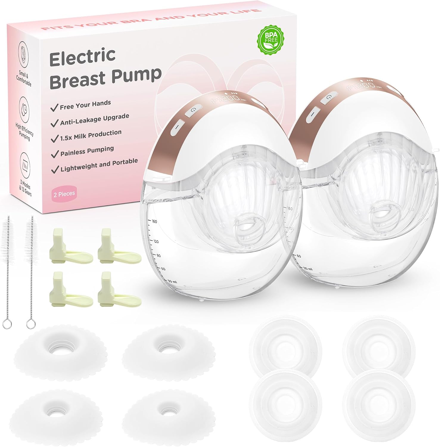 Detalle de Haokoo Milchpumpe Elektrisch Freihändig – 2er-Pack, Tragbar, 3 Modi, 12 Stufen, Anti-Auslaufen