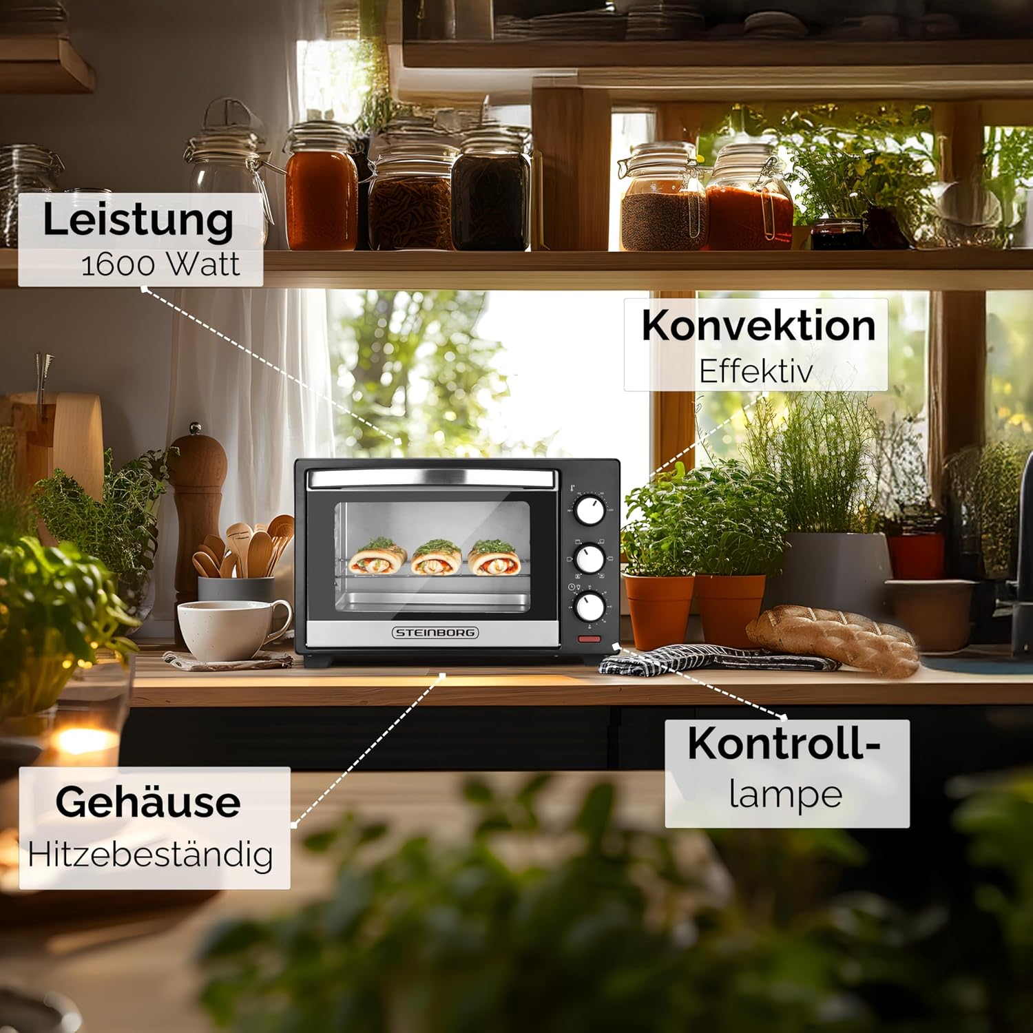 Detalle de Steinborg 25 Liter Mini Backofen mit Umluft – kompakter Allrounder für Hausküche