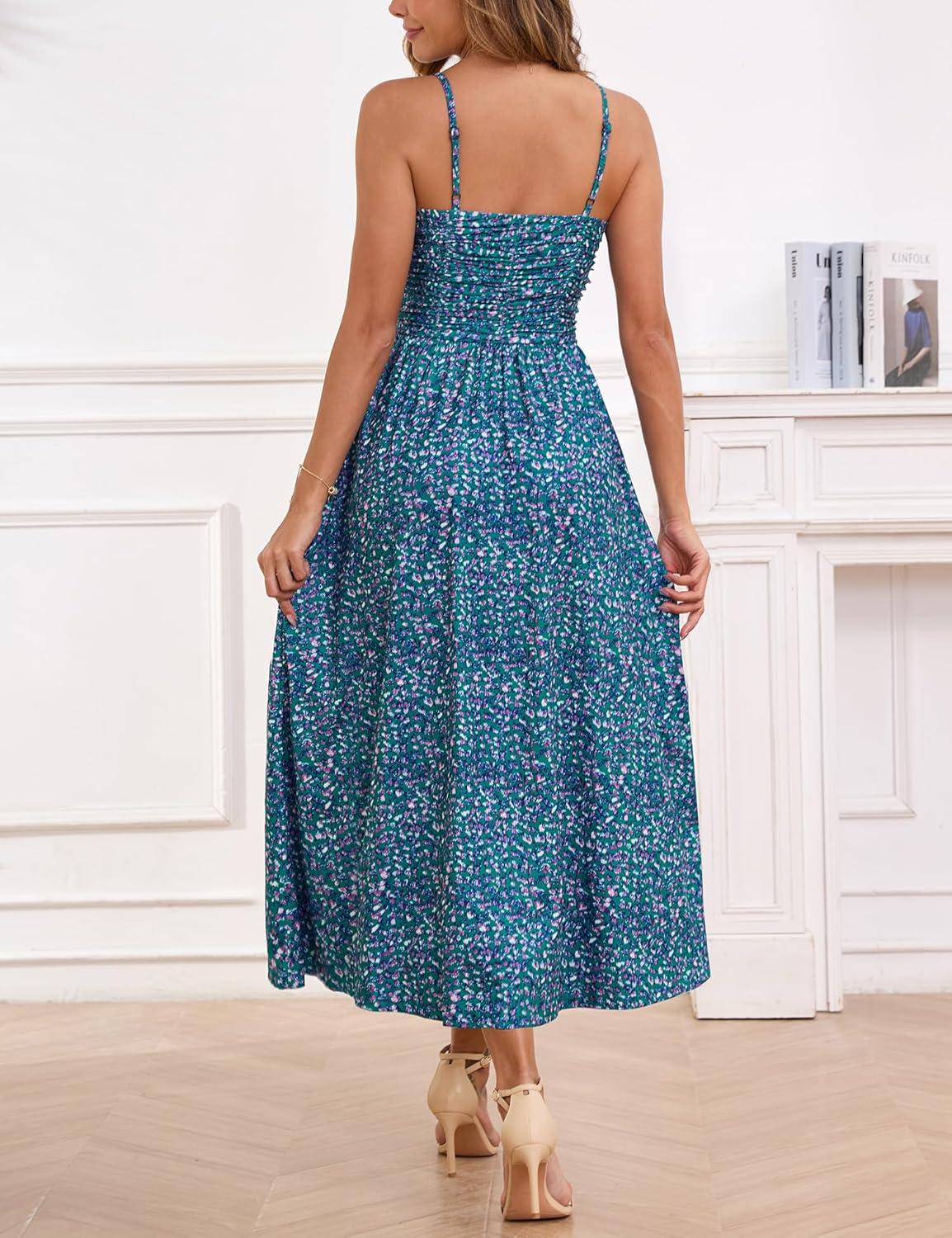 Thumbnail 2 de Annebouti Ruched Maxi Dress with Adjustable Spaghetti Straps, Floral Print, and Pockets