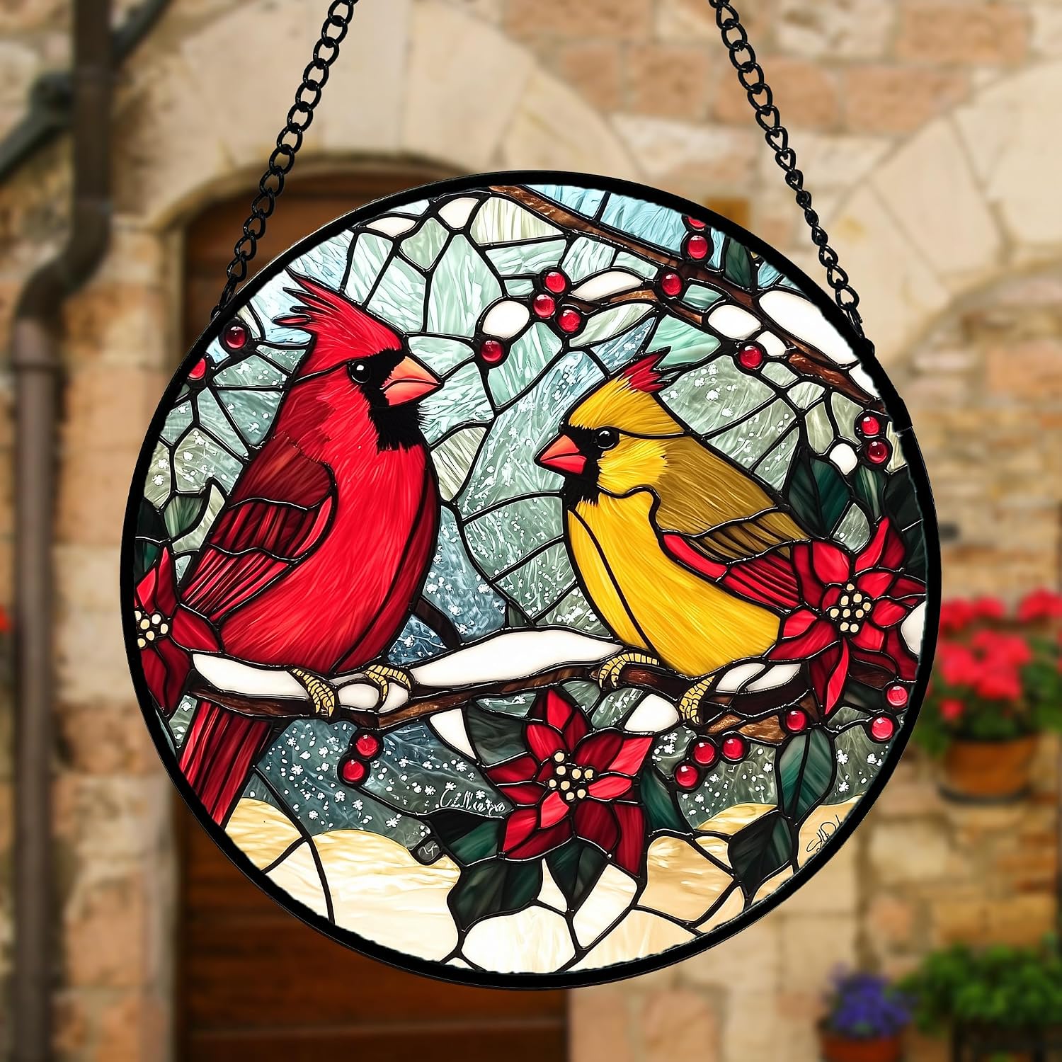 Detalle de DASTOLL Cardinals Poinsettia Glass Suncatcher, 6.3-Inch Window Hanging