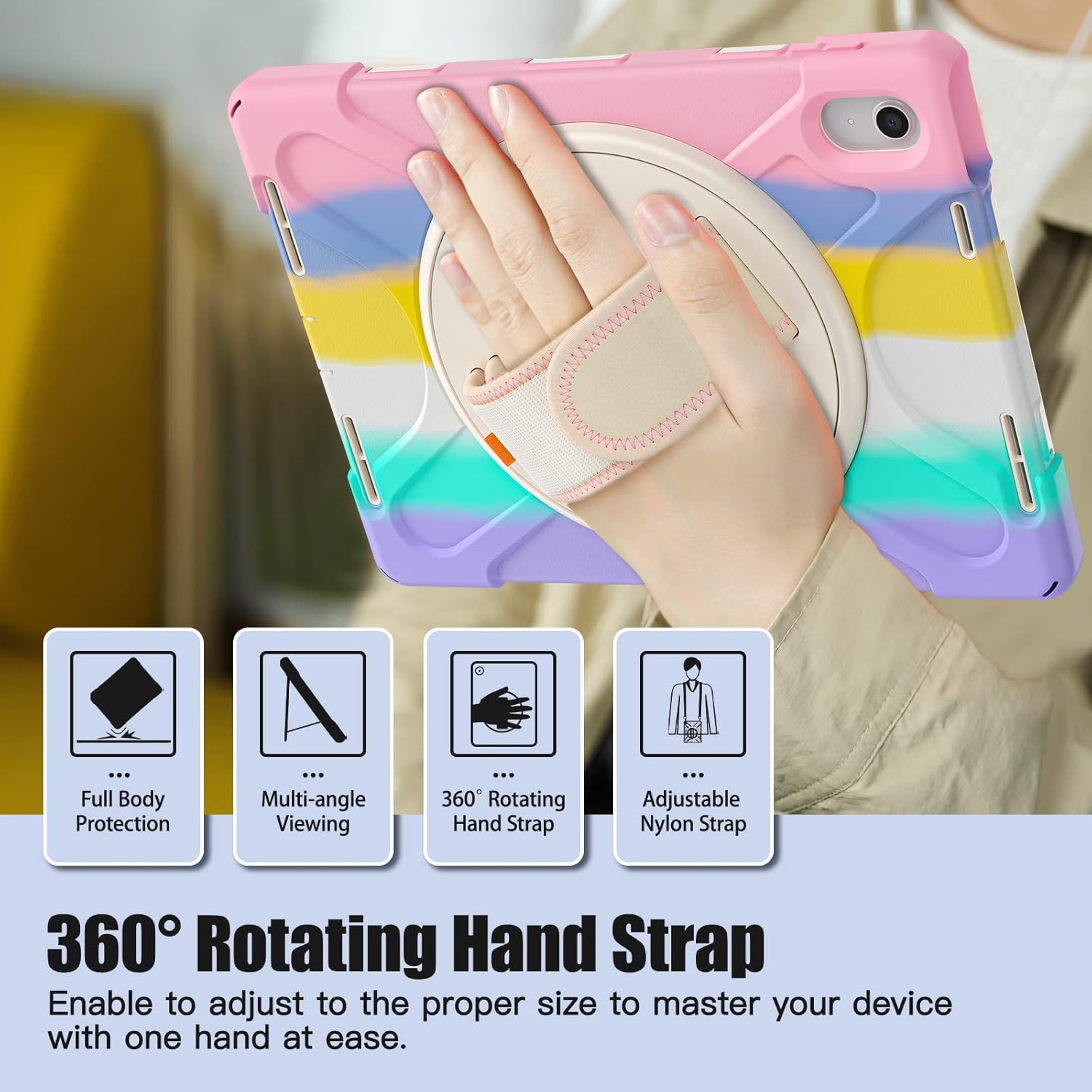 Thumbnail 4 de Gerutek Hülle für iPad (A16) 11./10. Generation – Stoßfeste 3‑in‑1 Schutzhülle mit 360° Drehständer, Handschlaufe und Schultergurt in Rosa