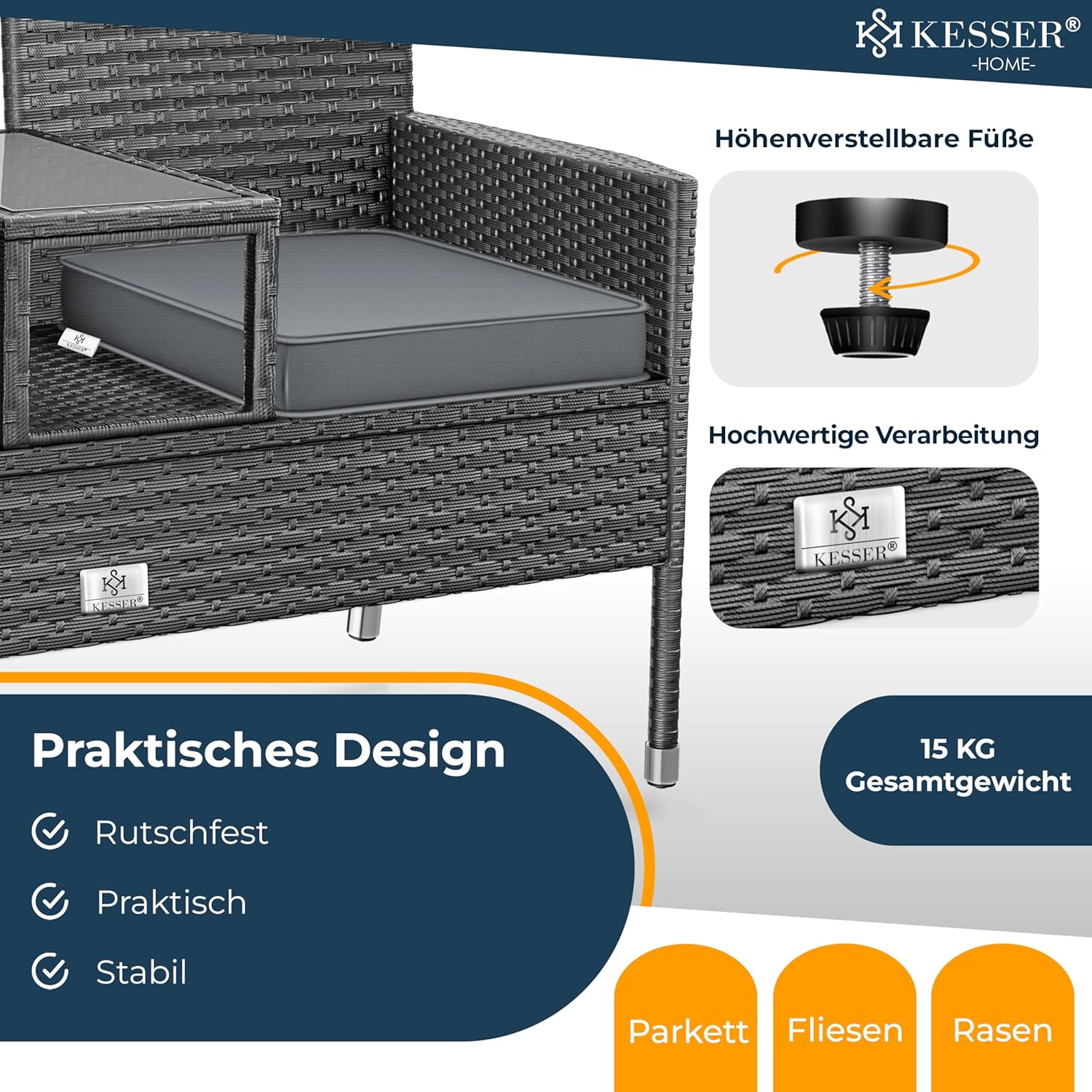 Thumbnail 4 de KESSER Polyrattan Gartenbank mit Tisch, 2-Sitzer, 143x63x88 cm – wetterfest, inkl. Kissen & Cover, Anthrazit