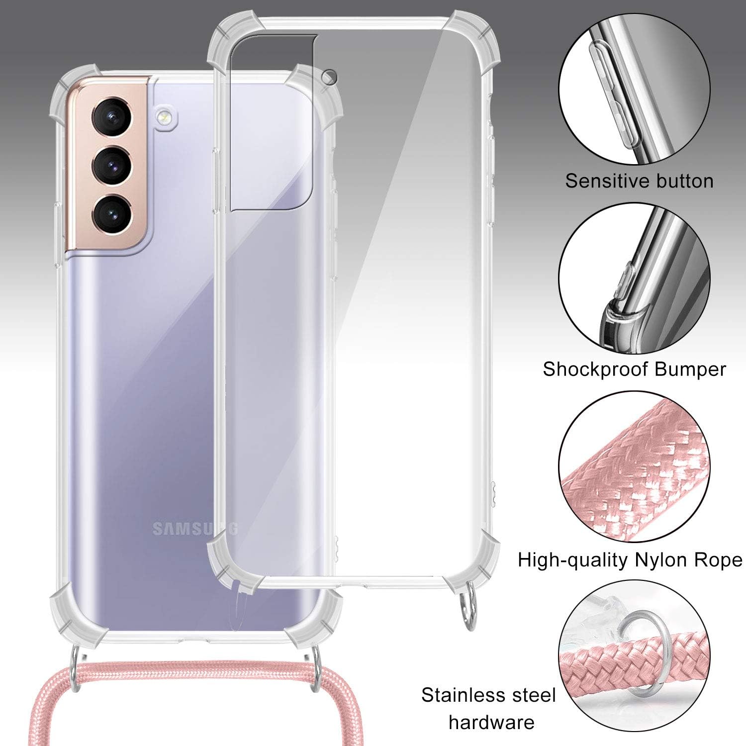 Thumbnail 2 de XTCASE Collier pour Samsung Galaxy S21+ 5G – Étui transparent avec cordon et lanière en corde noir