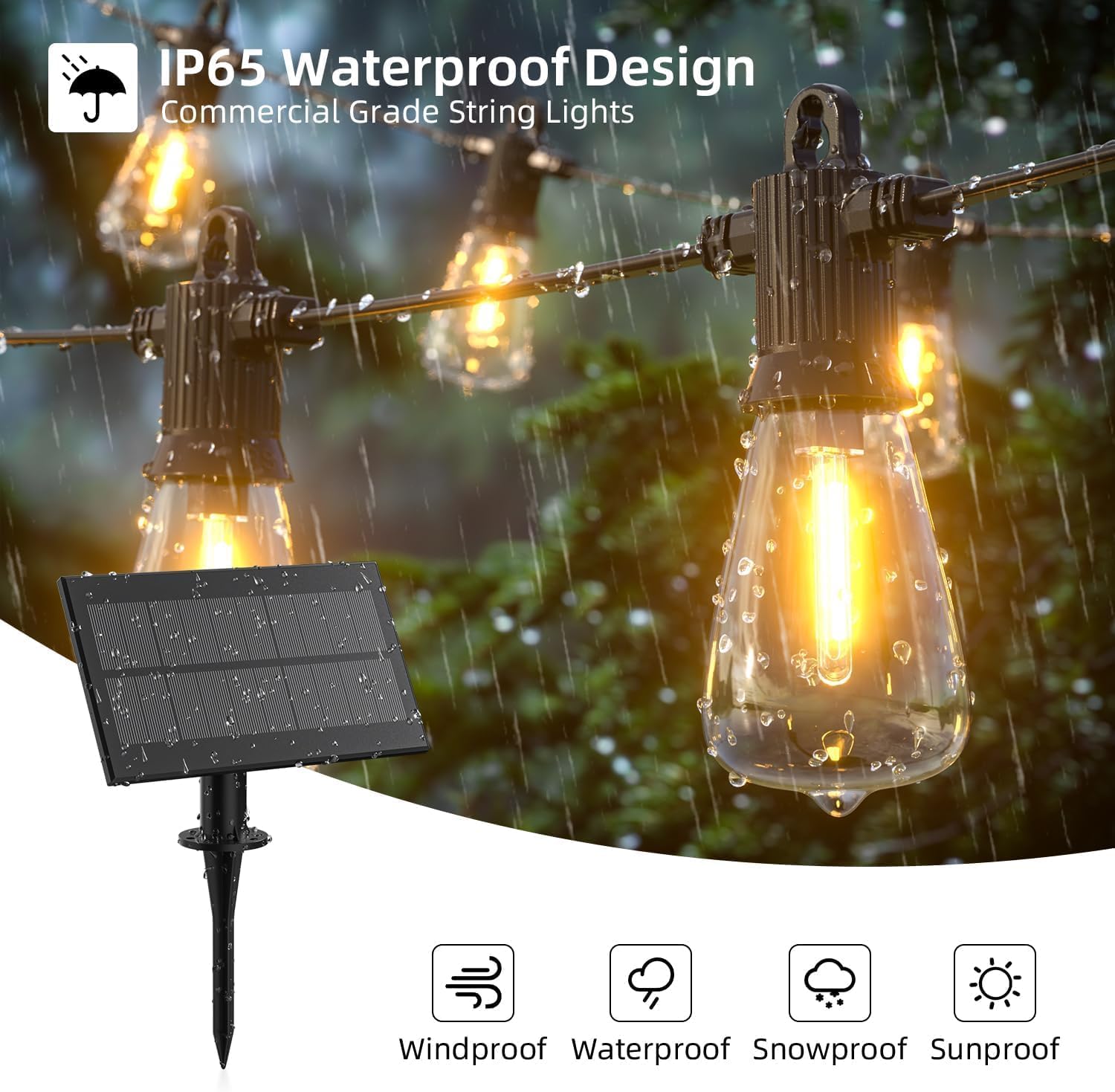 Thumbnail 1 de Kawaya Solar Lights Outdoor Garden with USB Charge — 50ft Festoon Light with 25+2 LED Bulbs (Warm White)