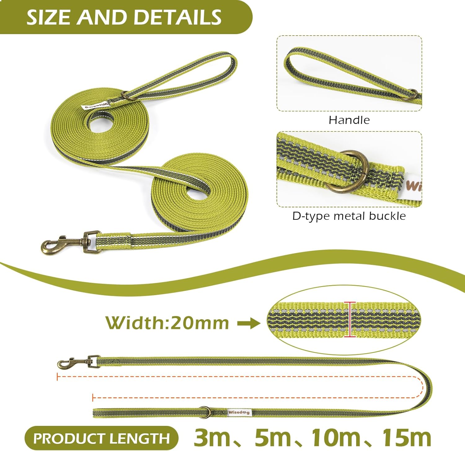 Detalle 2 de Wisedog Green 3m Reflective Long Line Lead for Dogs – Lightweight, Non-Slip, 2.0cm Wide