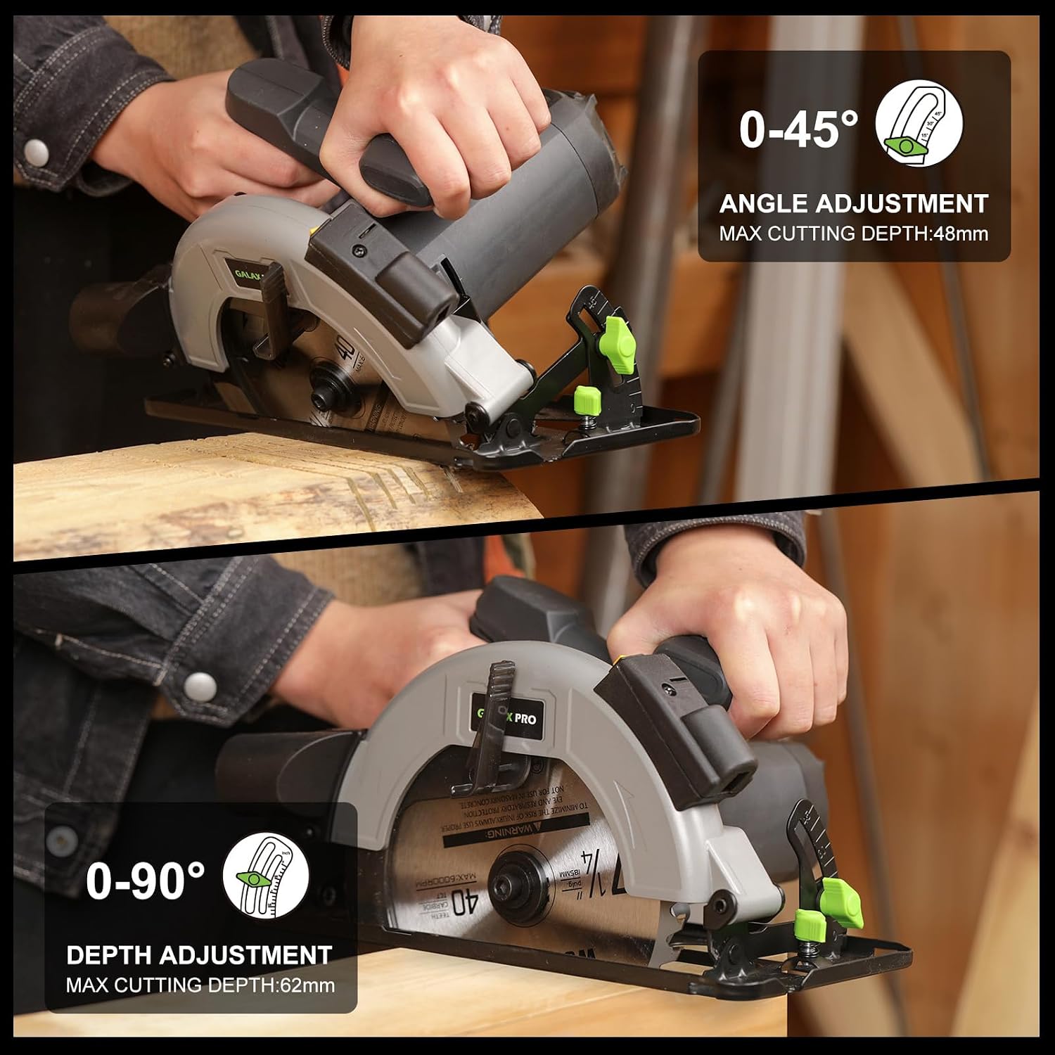 Thumbnail 2 de GALAX PRO 1400W Handkreissäge mit Laserführung, Schnitttiefe bis 62 mm & 2x 185 mm Sägeblätter