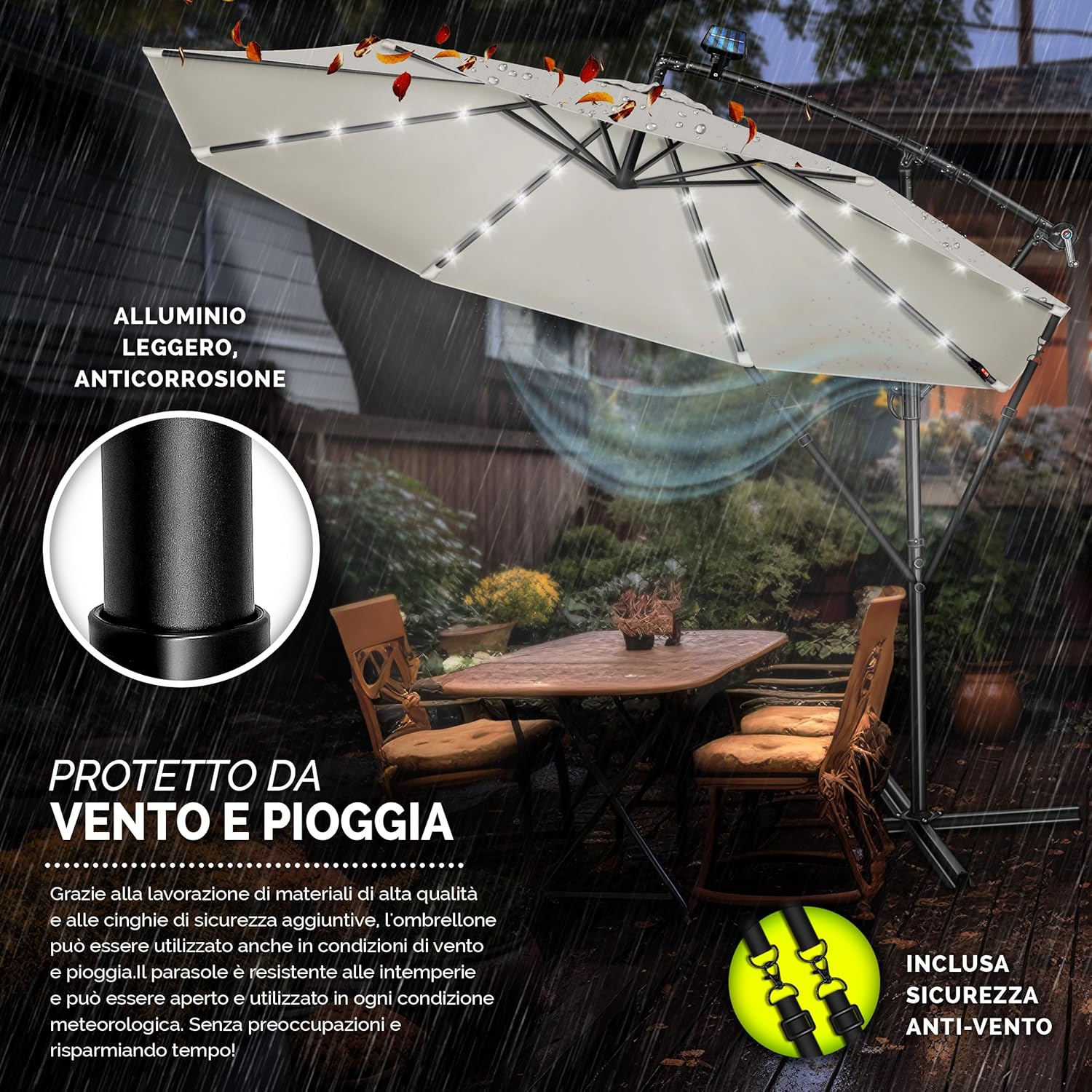 Thumbnail 3 de Tillvex Ombrellone da giardino LED solare Ø300 cm con manovella e base | Alluminio impermeabile