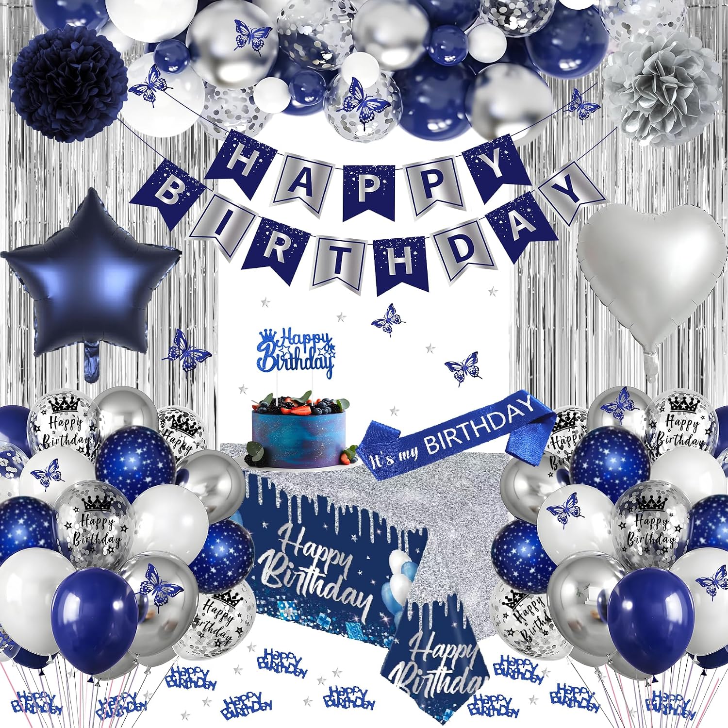 Detalle de Geburtstagsdeko Blau Silber – Komplettset für Marine-Blau-Silbernen Geburtstag