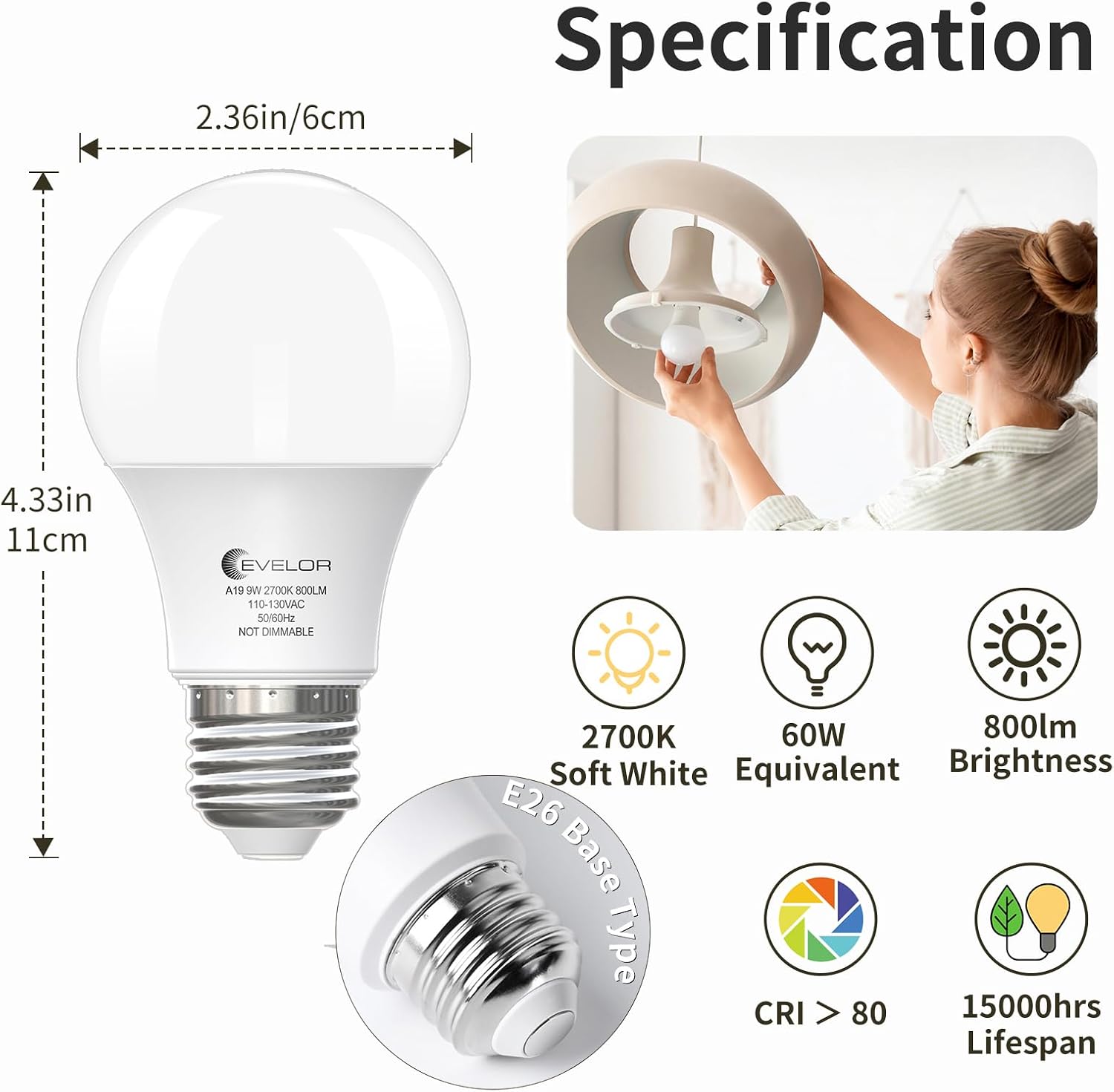 Detalle 2 de Evelor YH-A-60-03 A19 LED Bulbs, 24-Pack, 2700K, 800 Lumens