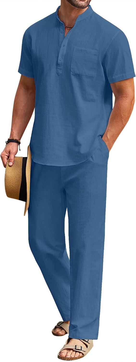 Detalle de COOFANDY Men's 2-Piece Cotton Linen Set: Casual Henley Shirt + Beach Yoga Pants