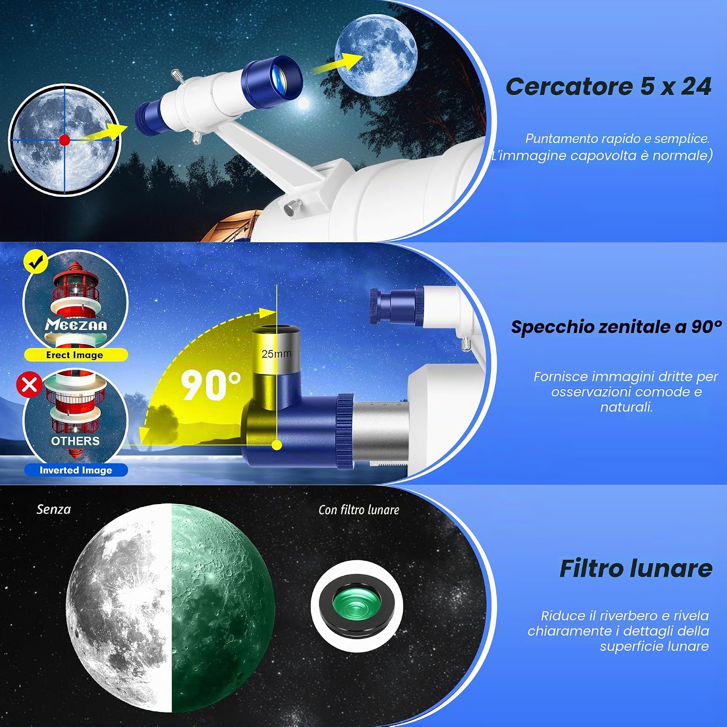 Detalle de MEEZAA Telescopio 90mm/550mm: kit completo per principianti e famiglie