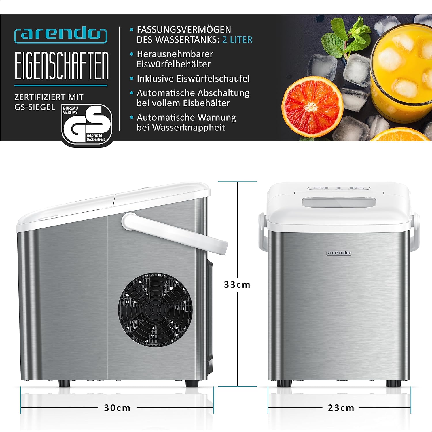 Thumbnail 1 de Arendo 2-Liter-Eiswürfelmaschine aus Edelstahl mit Kühlung, Klein & Groß – BPA-frei
