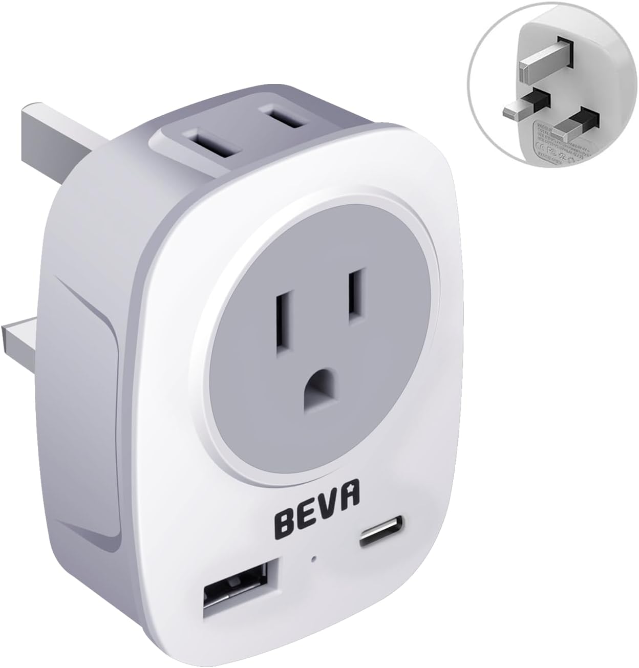 Detalle de US to UK Plug Adapter with 2 USB Ports – BEVA 2/3 Pin USA to 3 Pin UK Travel Adaptor