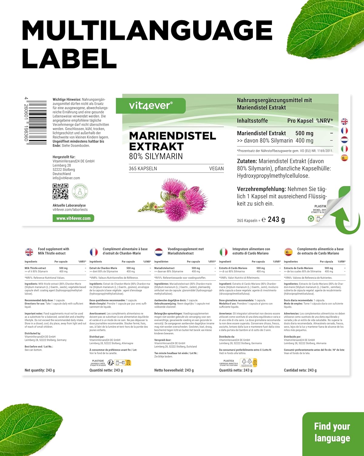 Thumbnail 5 de Vit4ever Mariendistel Extrakt 365 Kapseln – 500 mg pro Kapsel, 80% Silimarin, vegan, 12 Monate Vorrat