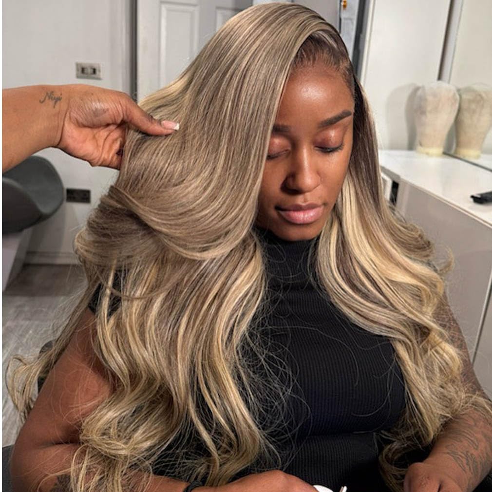 Detalle de Rina 13x6 Ombre Milk Tea Ash Blonde Lace Front Wig (Human Hair, 210% Density) — 28 inch