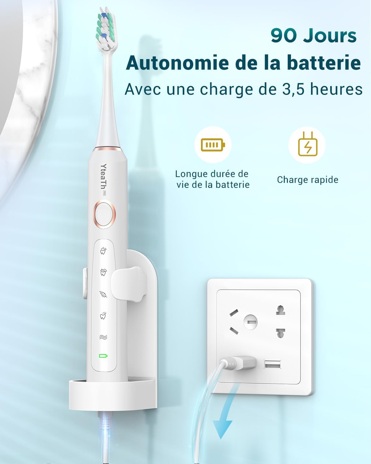 Detalle de Brosse À Dent Électrique Soniques pour Blanchiment – 8 Têtes, Étui de Voyage, 5 Modes, IPX7