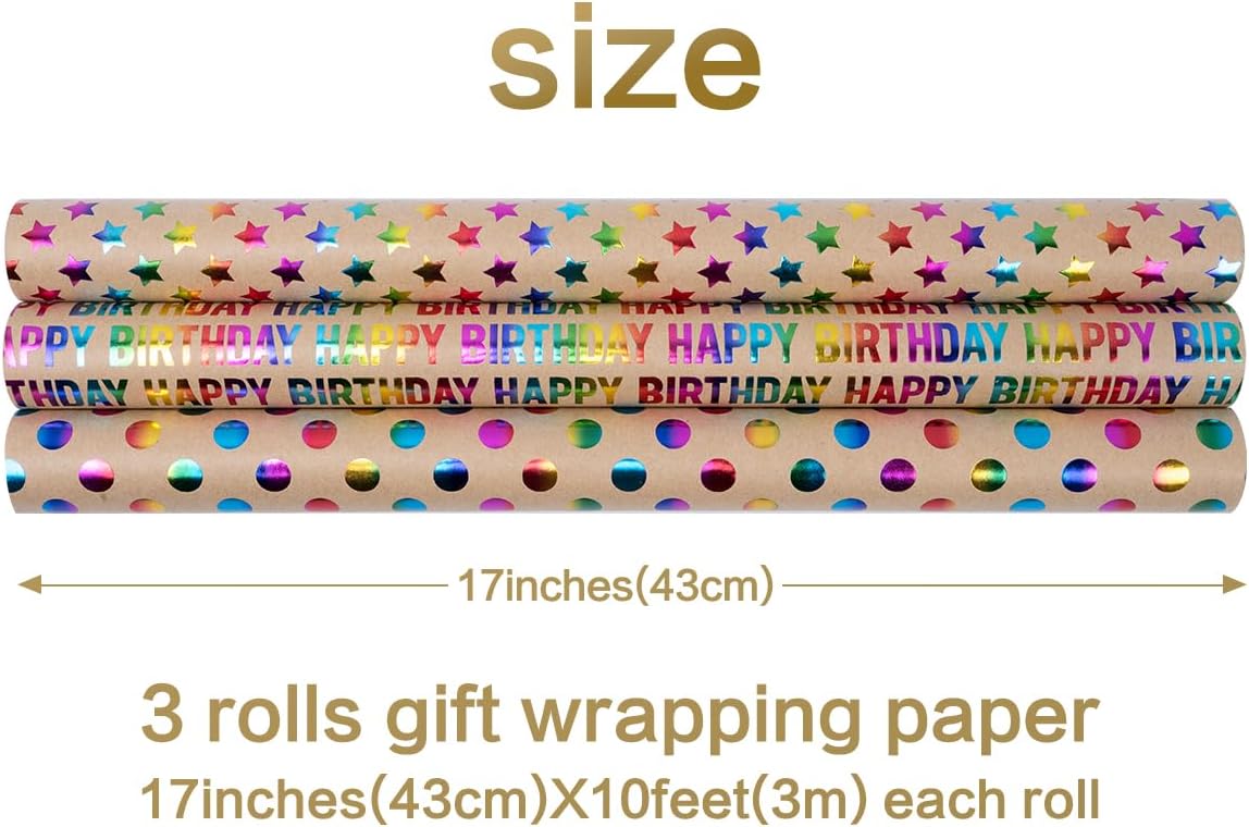 Detalle de 3 Rolls Birthday Gift Wrapping Paper | Kraft, 43cm x 3m each, 3 designs (Dots, Star, HAPPY BIRTHDAY)
