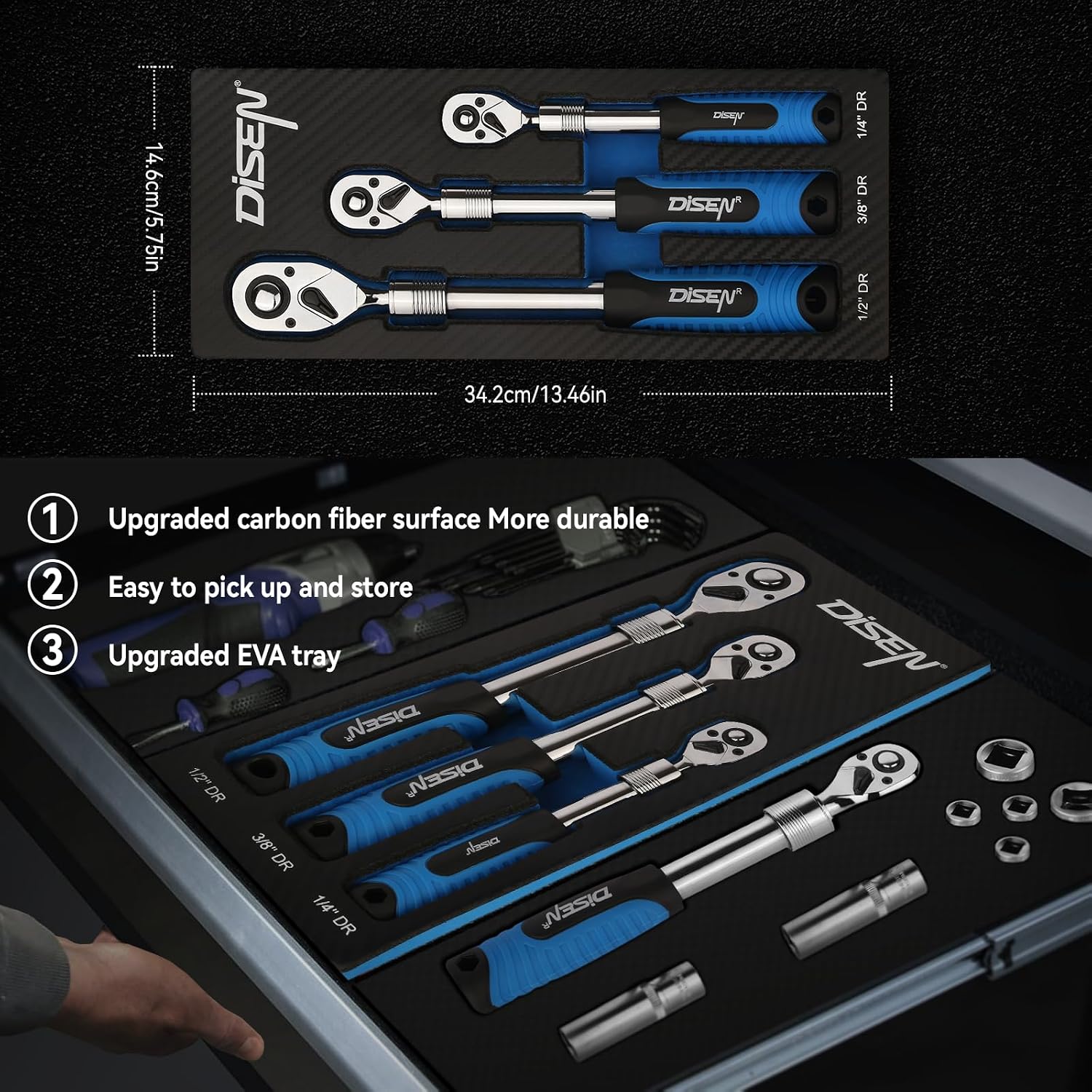 Detalle 1 de DISEN DISEN-3GDTJLBNew Extendable Ratchet Wrench Set, 72-Tooth, 3 Drive Sizes