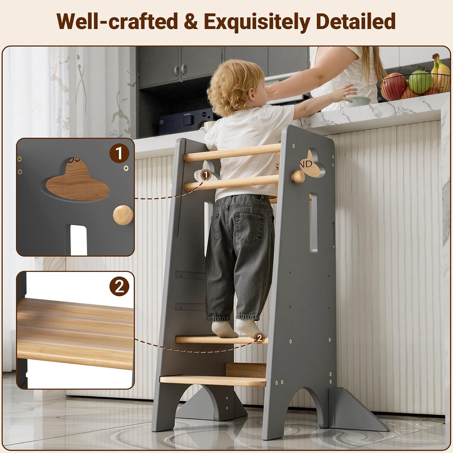 Detalle 1 de COSYLAND CS000132-3-CA Toddler Kitchen Tower, 3-Level Adjustable, Natural & Grey