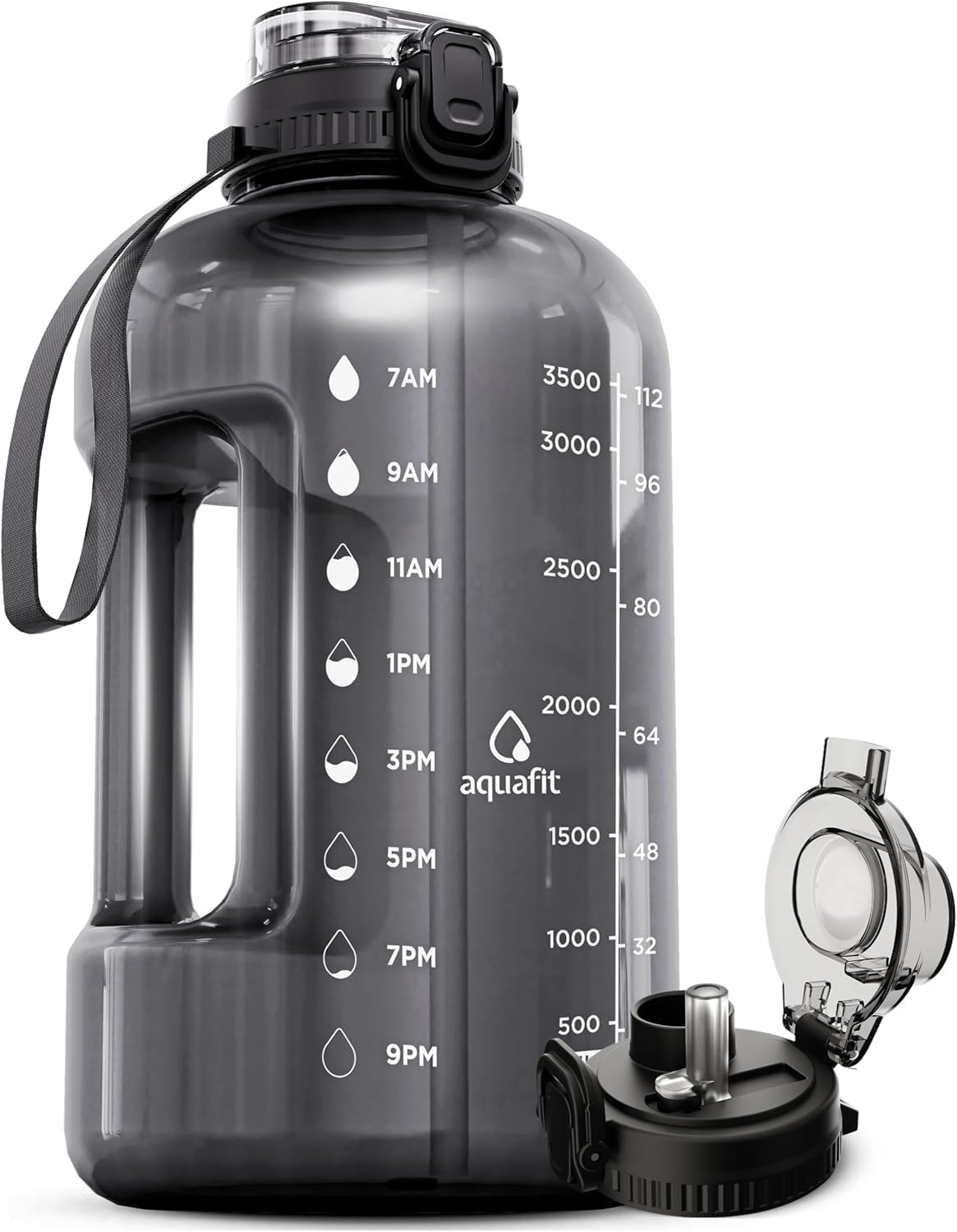 Detalle de AQUAFIT 1 Gallon Water Bottle (128 oz) with Time Marker, Straw & Chug Lid (BPA-Free, Gray)